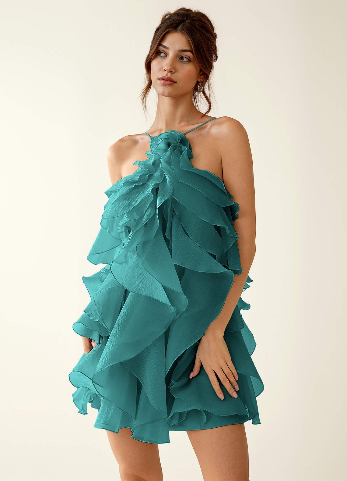 Oliamagn A-Line Mini Halter Ruffle Tulle Prom Dress in Sage