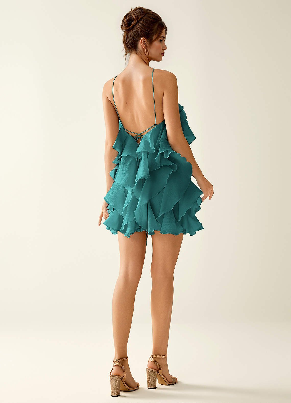 Oliamagn A-Line Mini Halter Ruffle Tulle Prom Dress in Peacock