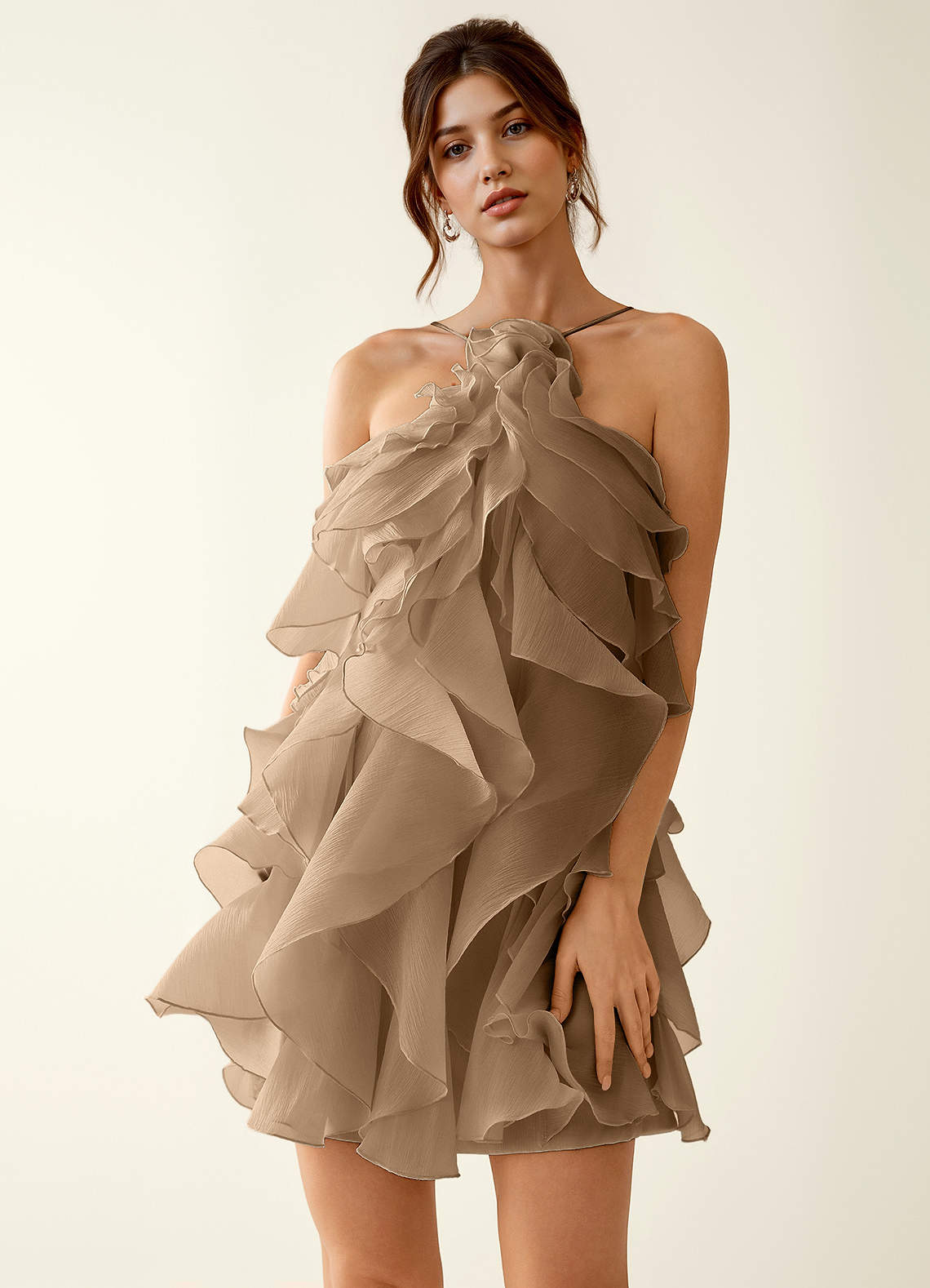 Oliamagn A-Line Mini Halter Ruffle Tulle Prom Dress in Brown