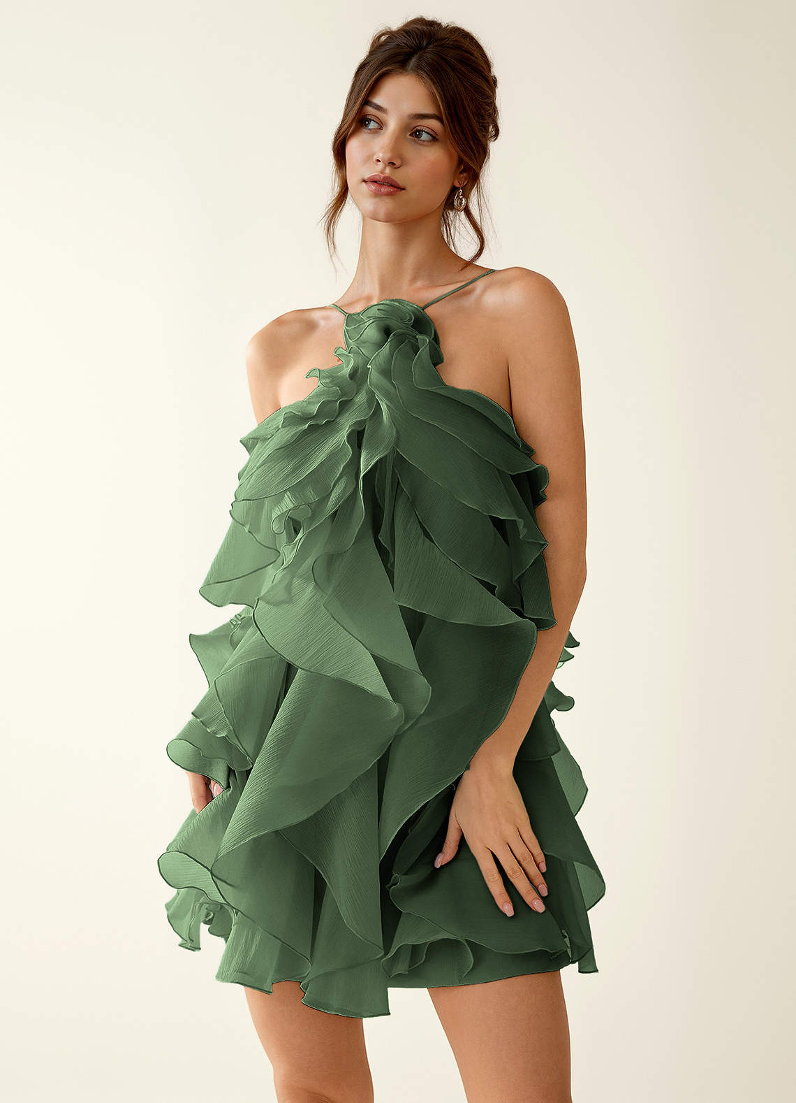 Oliamagn A-Line Mini Halter Ruffle Tulle Prom Dress in Sage