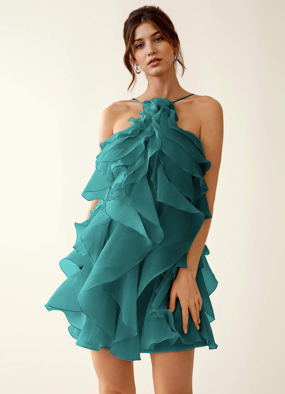 Oliamagn A-Line Mini Halter Ruffle Tulle Prom Dress in Peacock