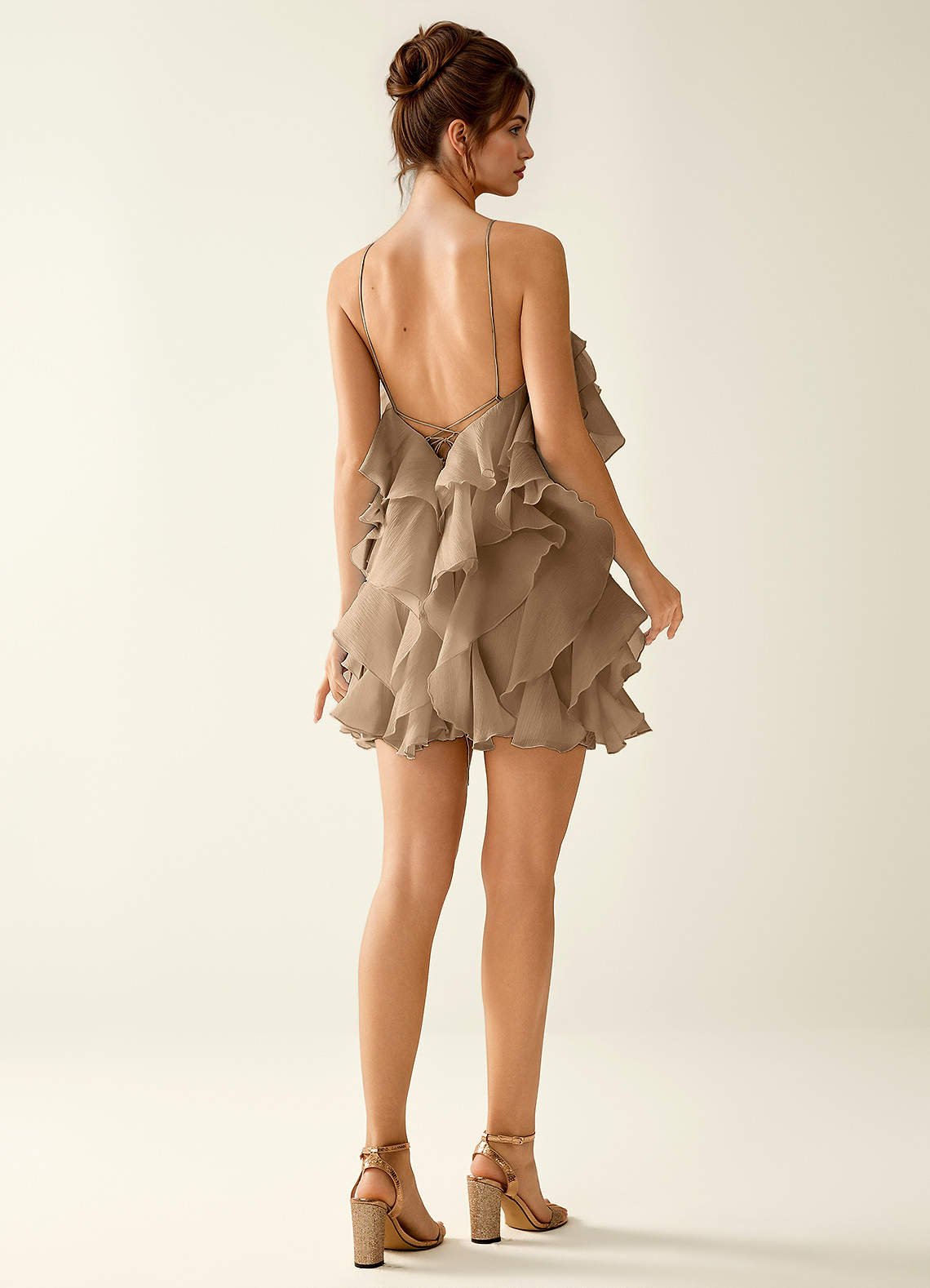 Oliamagn A-Line Mini Halter Ruffle Tulle Prom Dress in Brown
