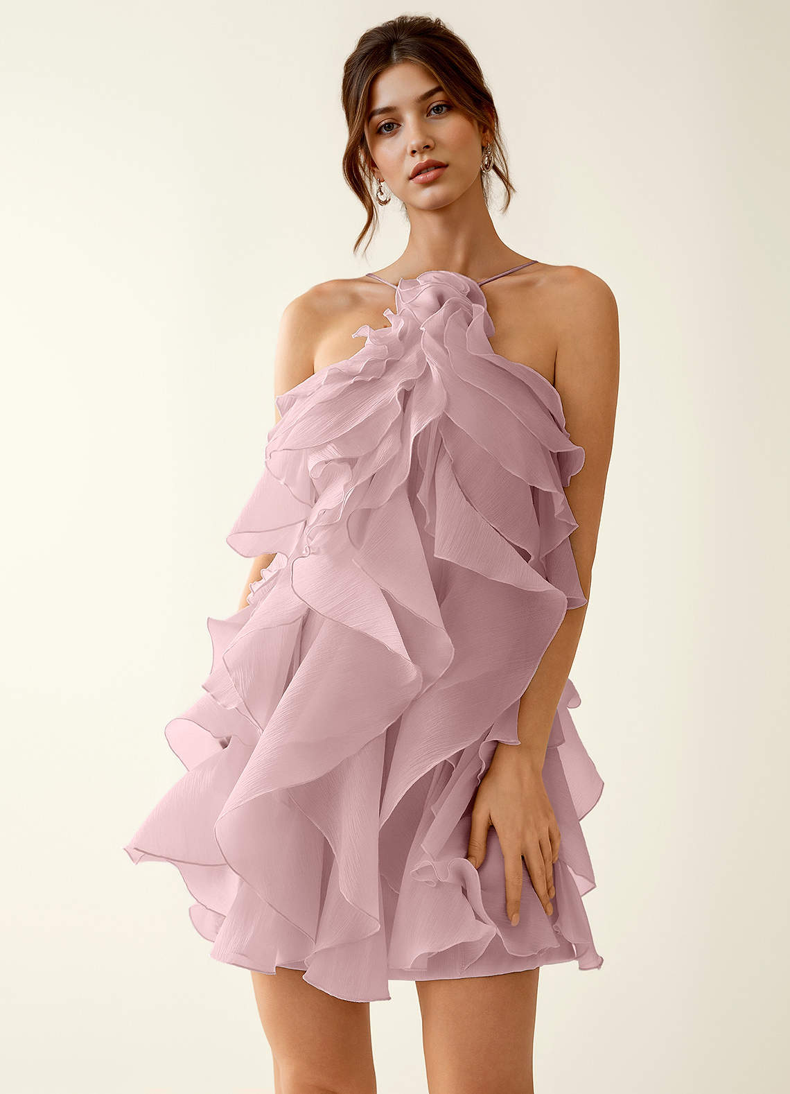 Oliamagn A-Line Mini Halter Ruffle Tulle Prom Dress in Pink
