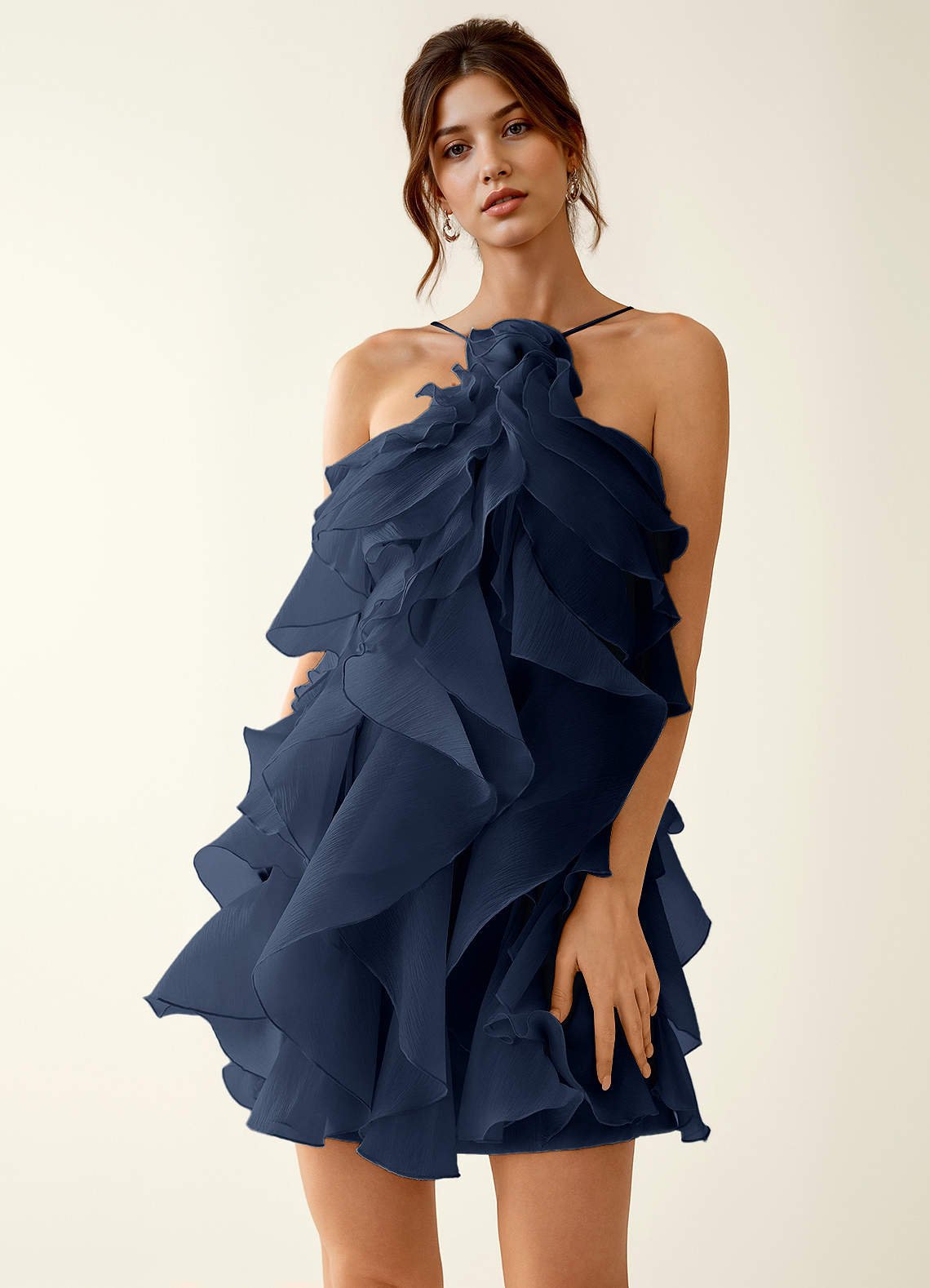Oliamagn A-Line Mini Halter Ruffle Tulle Prom Dress in Navy Blue