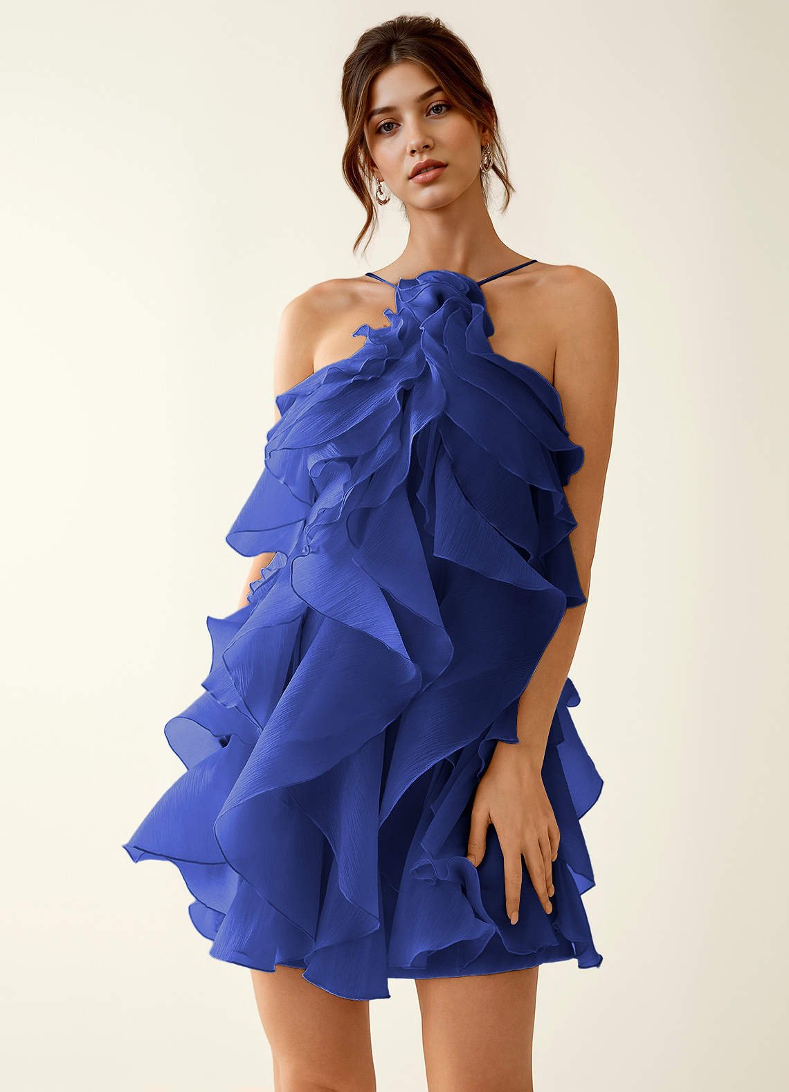 Oliamagn A-Line Mini Halter Ruffle Tulle Prom Dress in Royal Blue