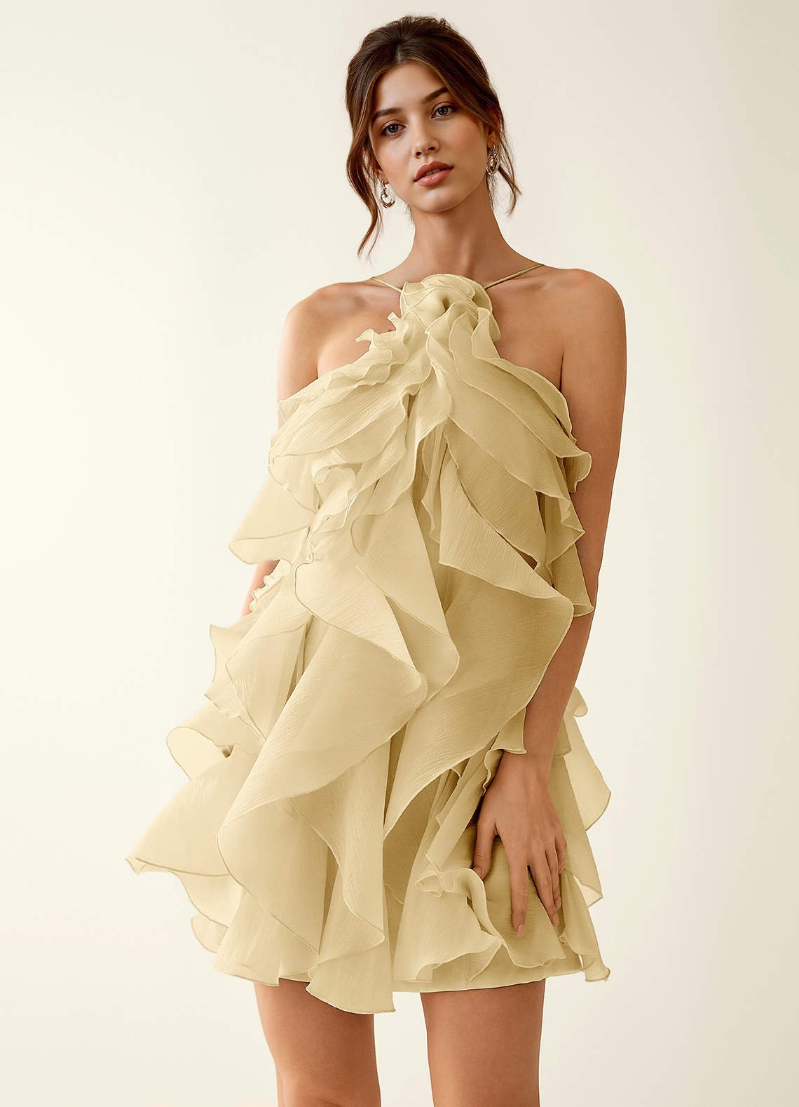 Oliamagn A-Line Mini Halter Ruffle Tulle Prom Dress in Gold