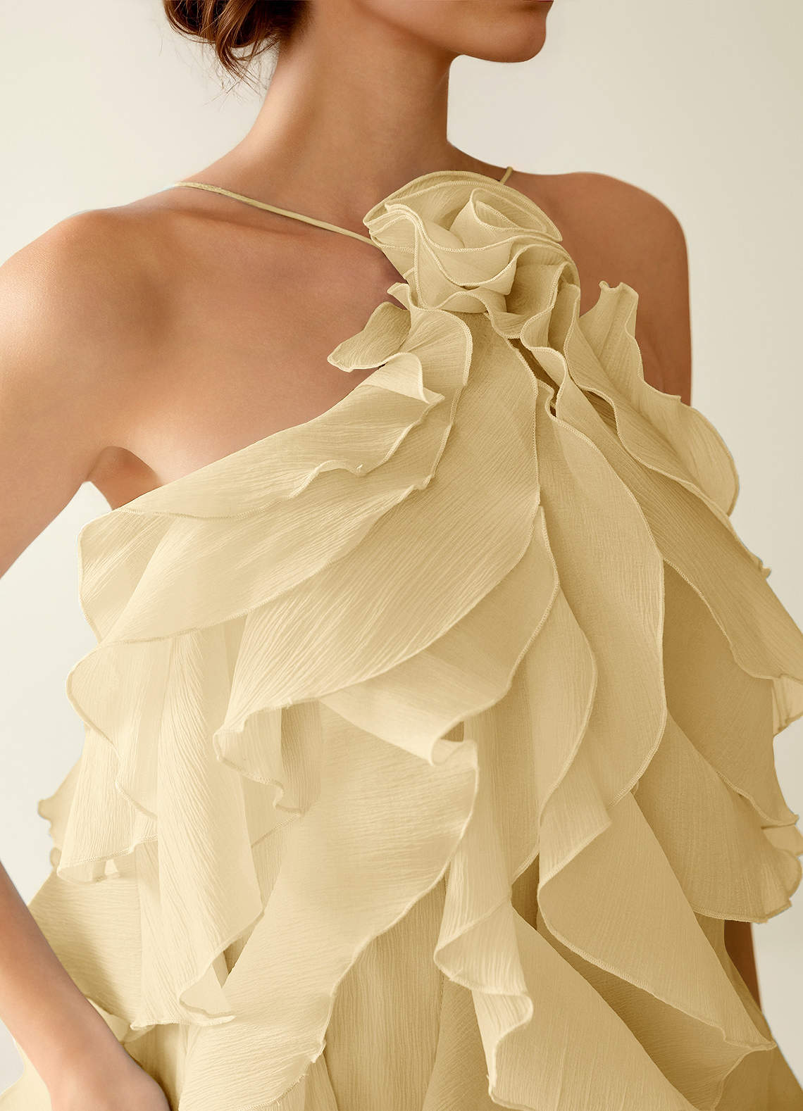 Oliamagn A-Line Mini Halter Ruffle Tulle Prom Dress in Gold