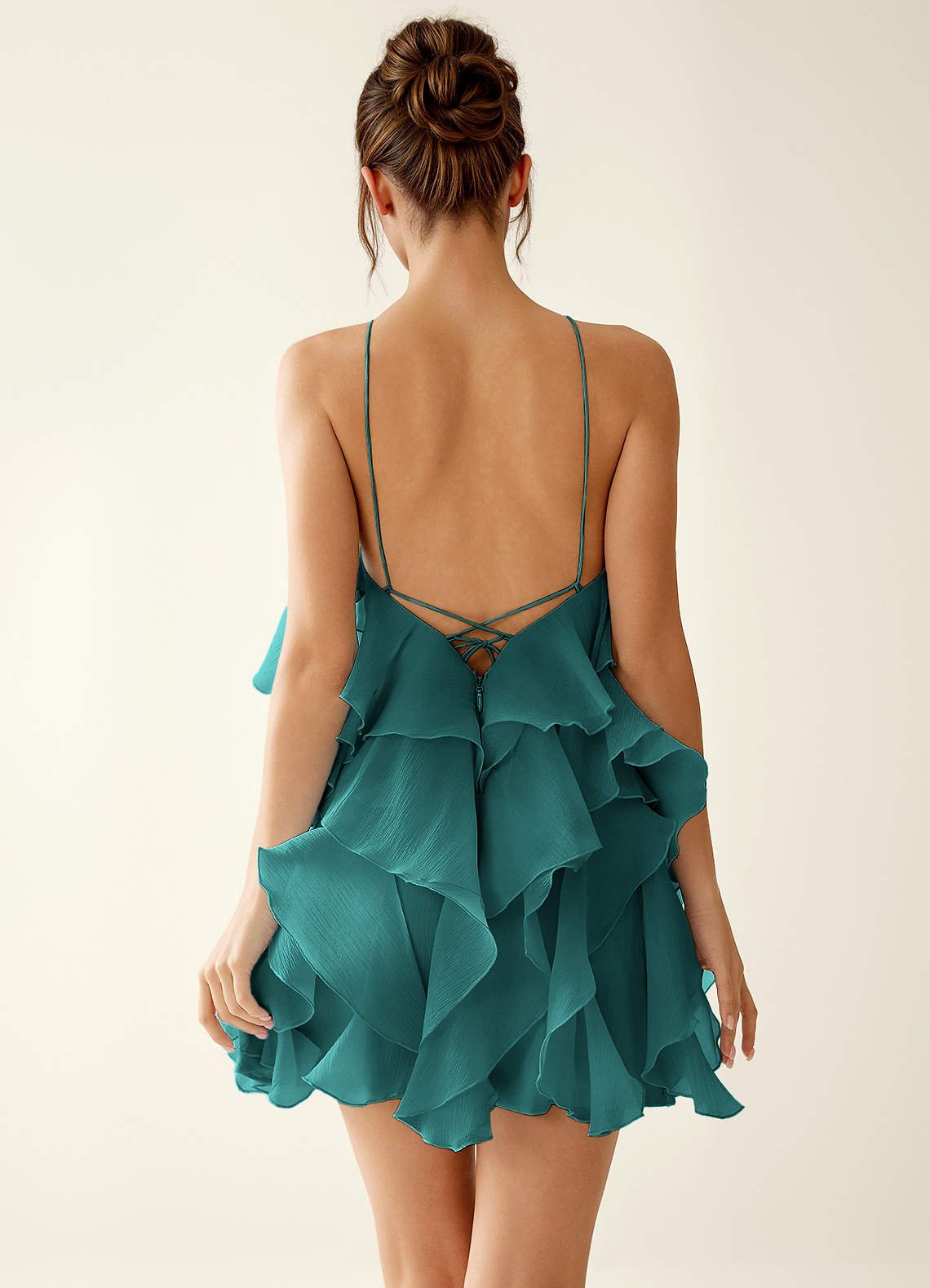 Oliamagn A-Line Mini Halter Ruffle Tulle Prom Dress in Peacock