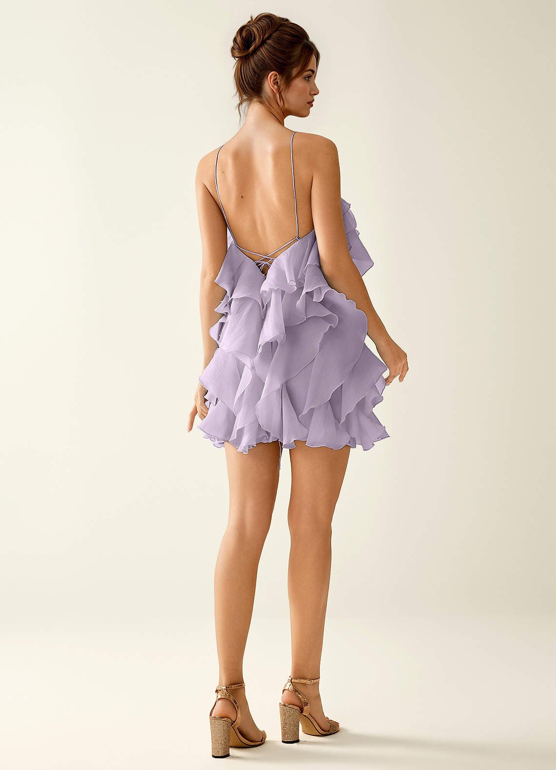 Oliamagn A-Line Mini Halter Ruffle Tulle Prom Dress in Wisteria