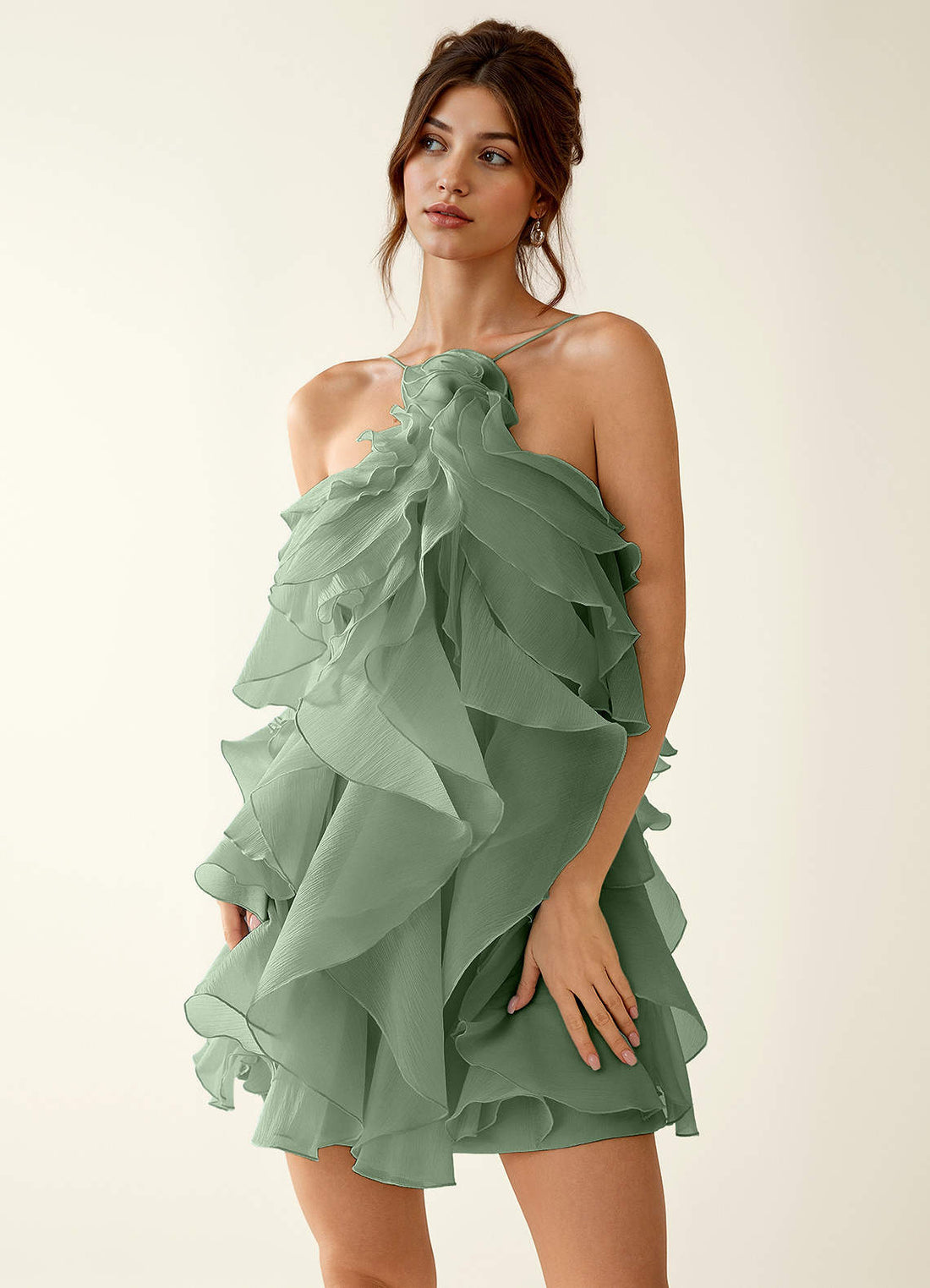 Oliamagn A-Line Mini Halter Ruffle Tulle Prom Dress in Sage