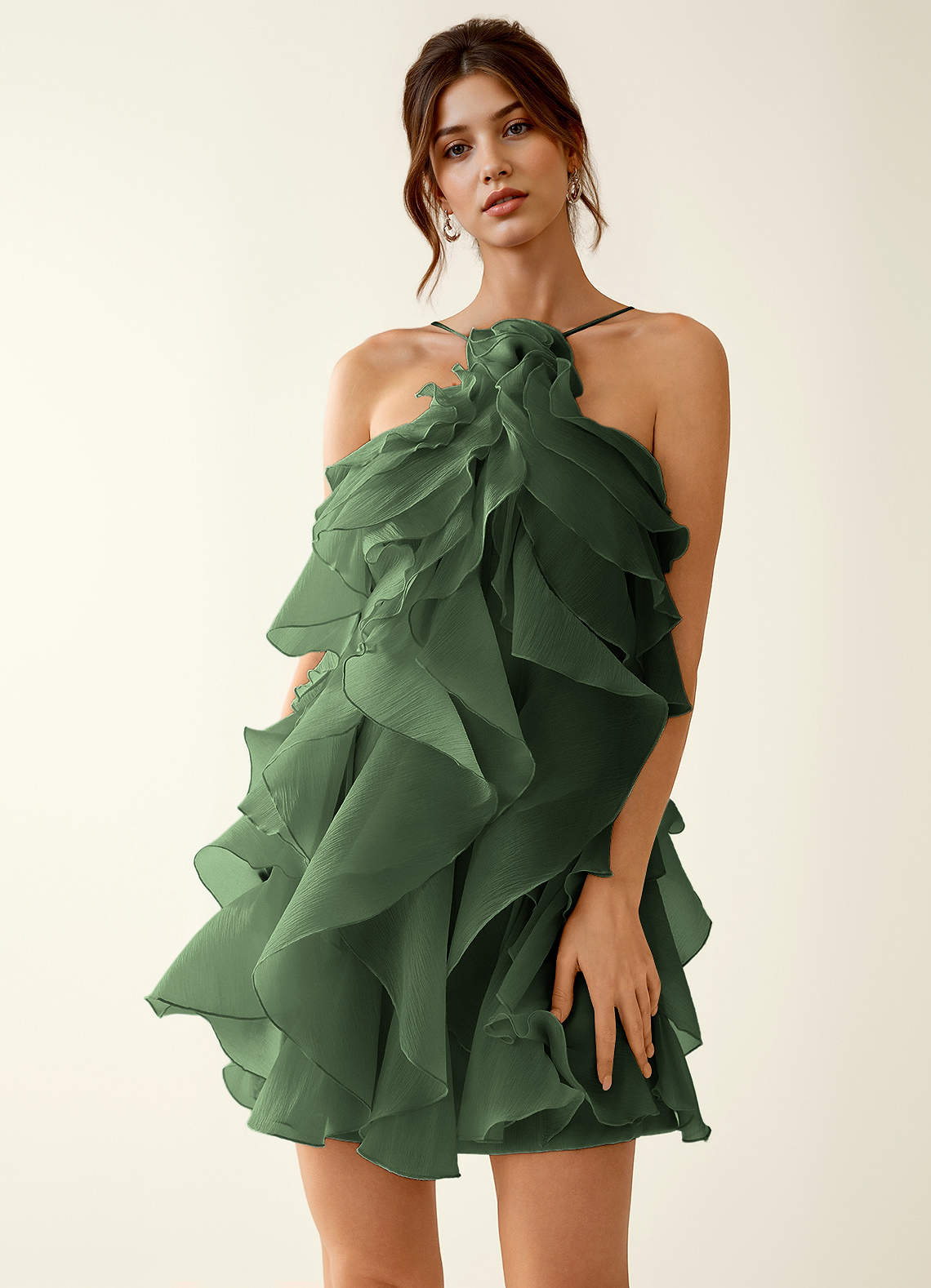 Oliamagn A-Line Mini Halter Ruffle Tulle Prom Dress in Dark Green