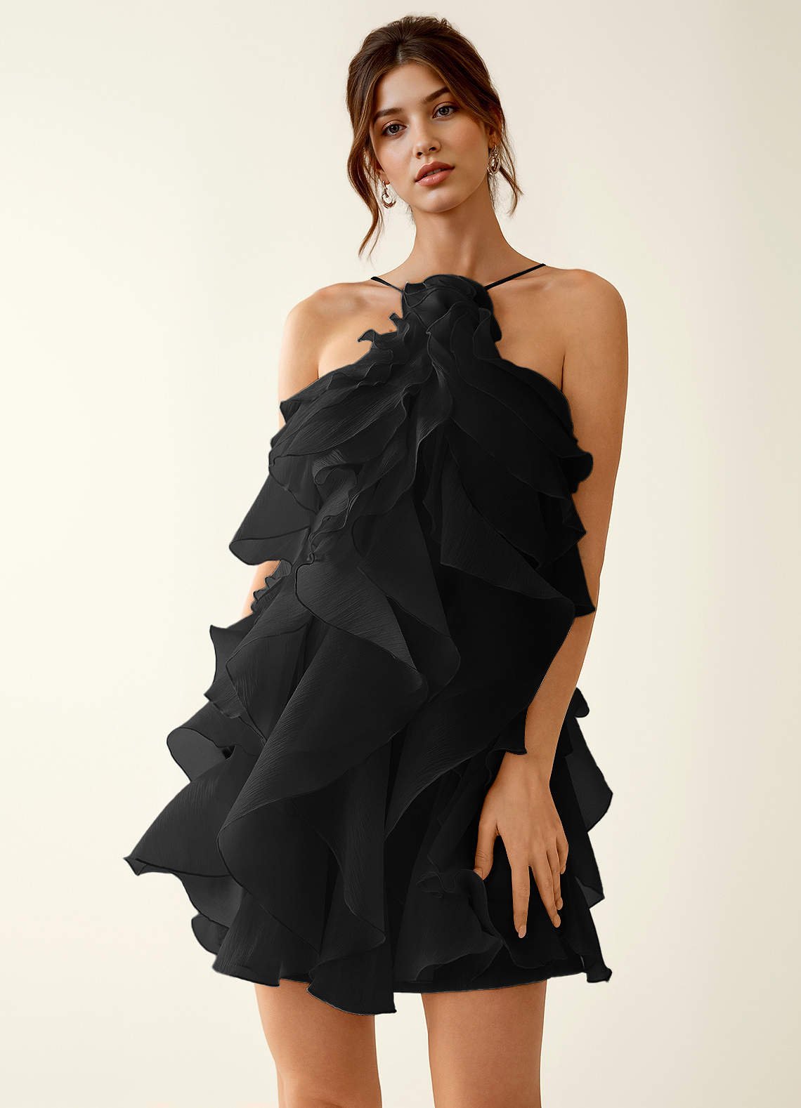 Oliamagn A-Line Mini Halter Ruffle Tulle Prom Dress in Black