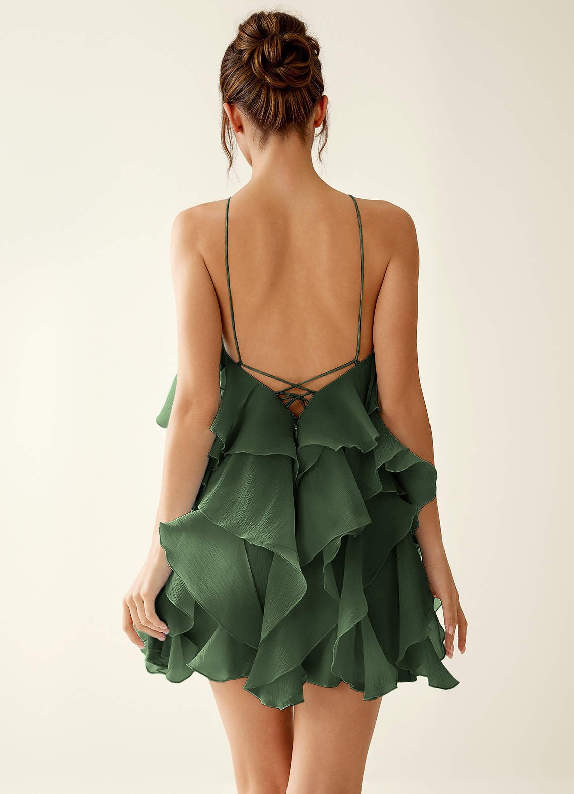Oliamagn A-Line Mini Halter Ruffle Tulle Prom Dress in Dark Green