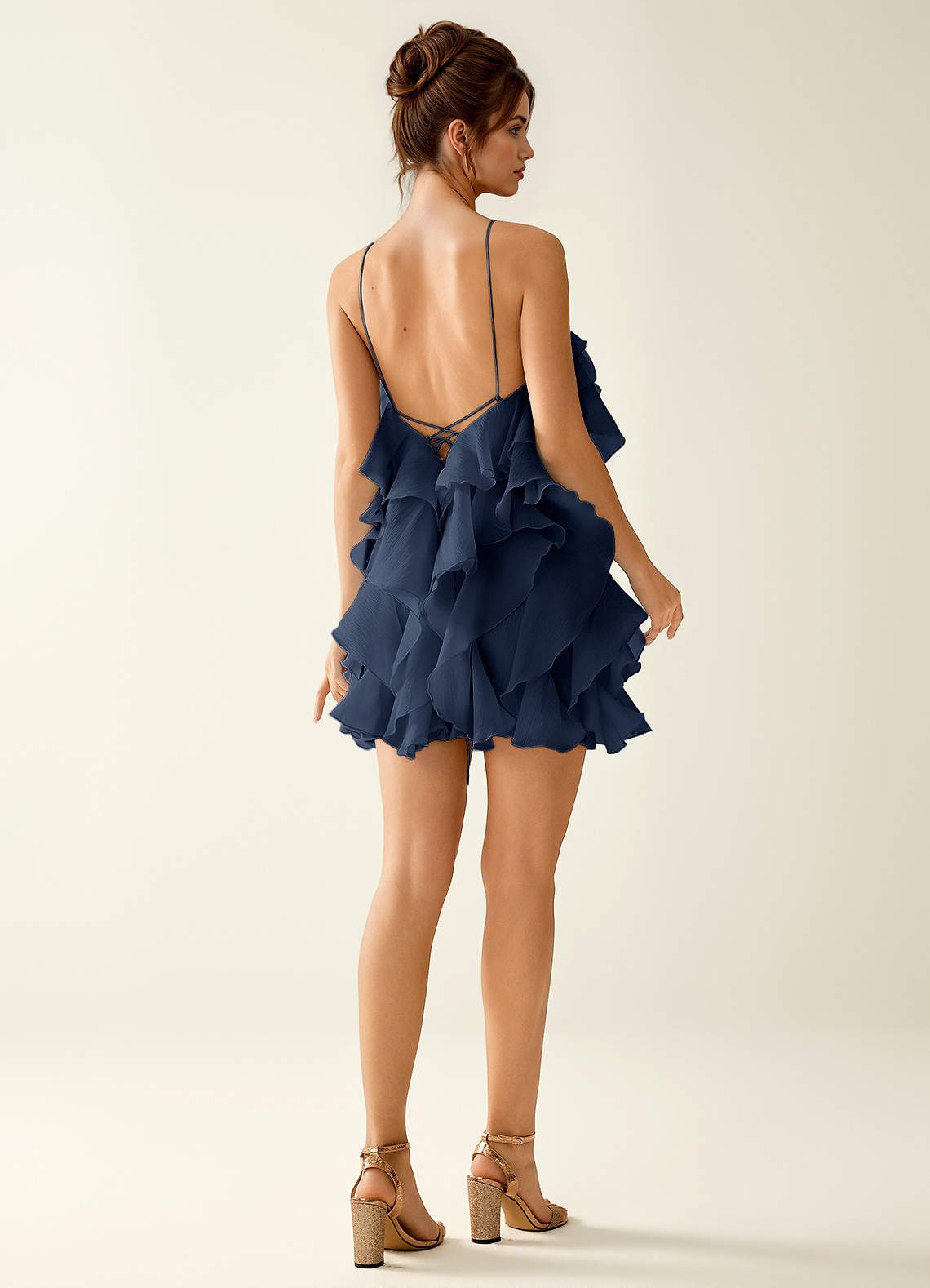 Oliamagn A-Line Mini Halter Ruffle Tulle Prom Dress in Navy Blue