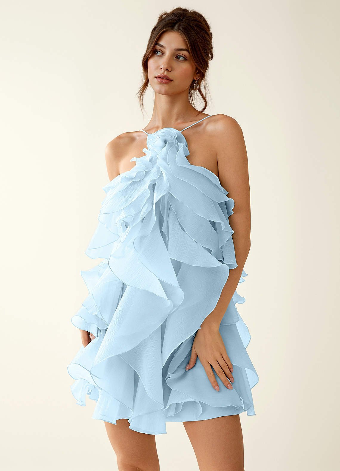 Oliamagn A-Line Mini Halter Ruffle Tulle Prom Dress in Sage