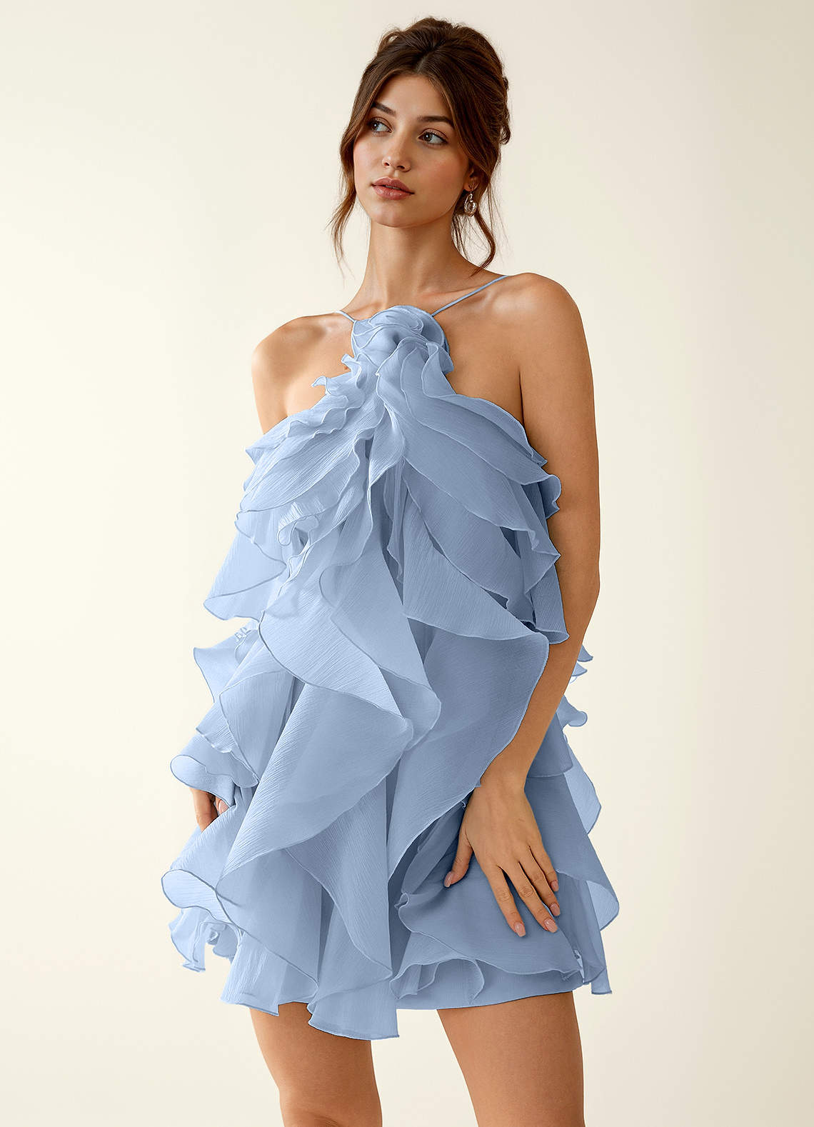 Oliamagn A-Line Mini Halter Ruffle Tulle Prom Dress in Sage