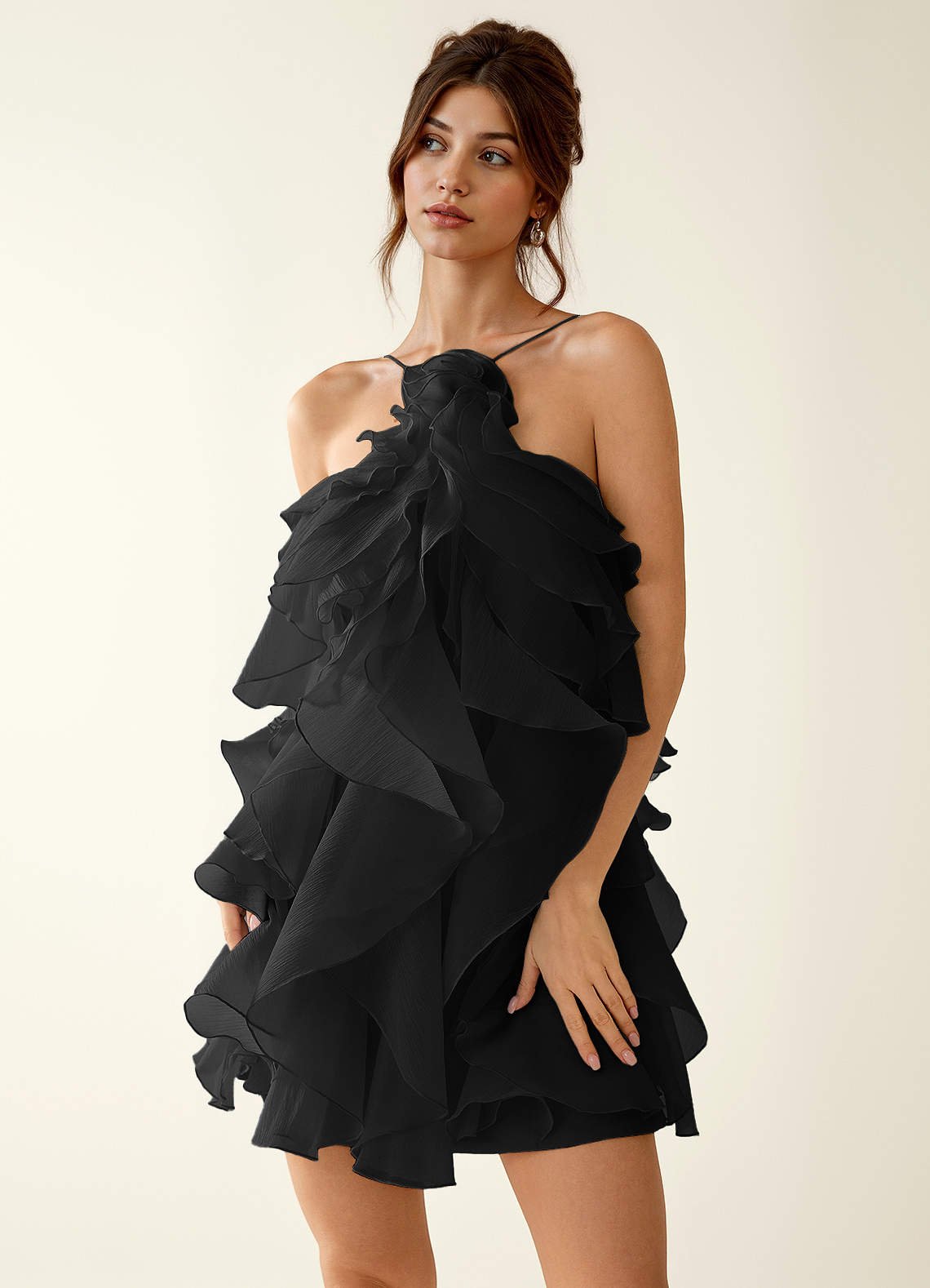 Oliamagn A-Line Mini Halter Ruffle Tulle Prom Dress in Sage