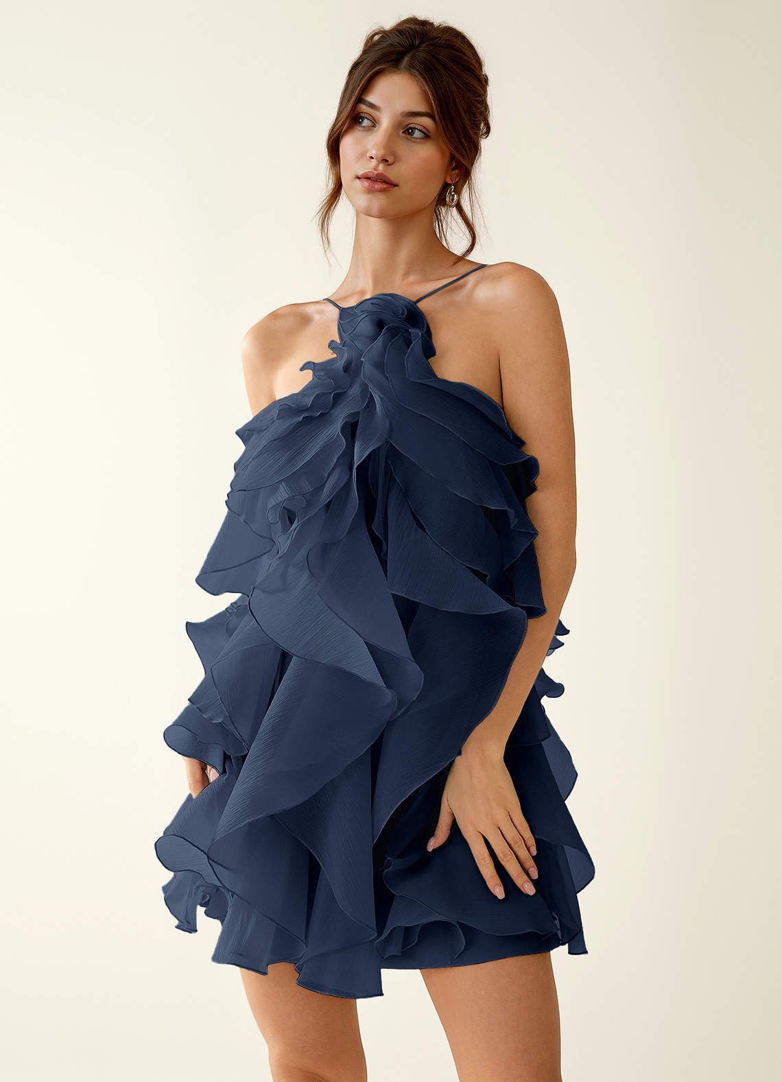 Oliamagn A-Line Mini Halter Ruffle Tulle Prom Dress in Sage