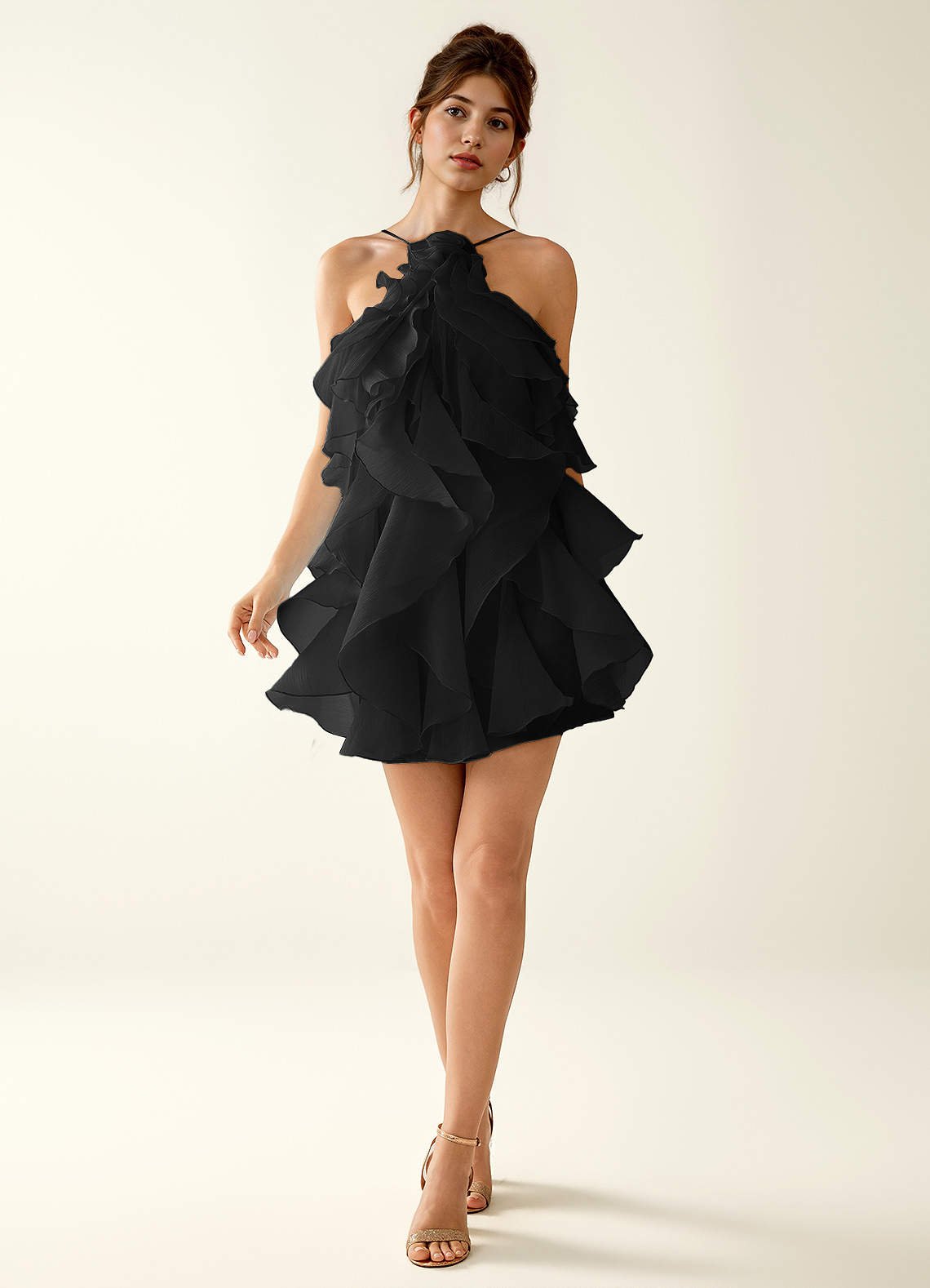 Oliamagn A-Line Mini Halter Ruffle Tulle Prom Dress in Black