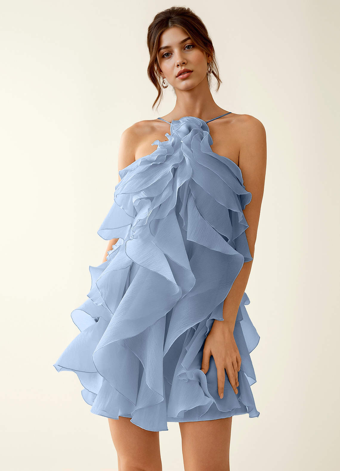 Oliamagn A-Line Mini Halter Ruffle Tulle Prom Dress in Dusty Blue