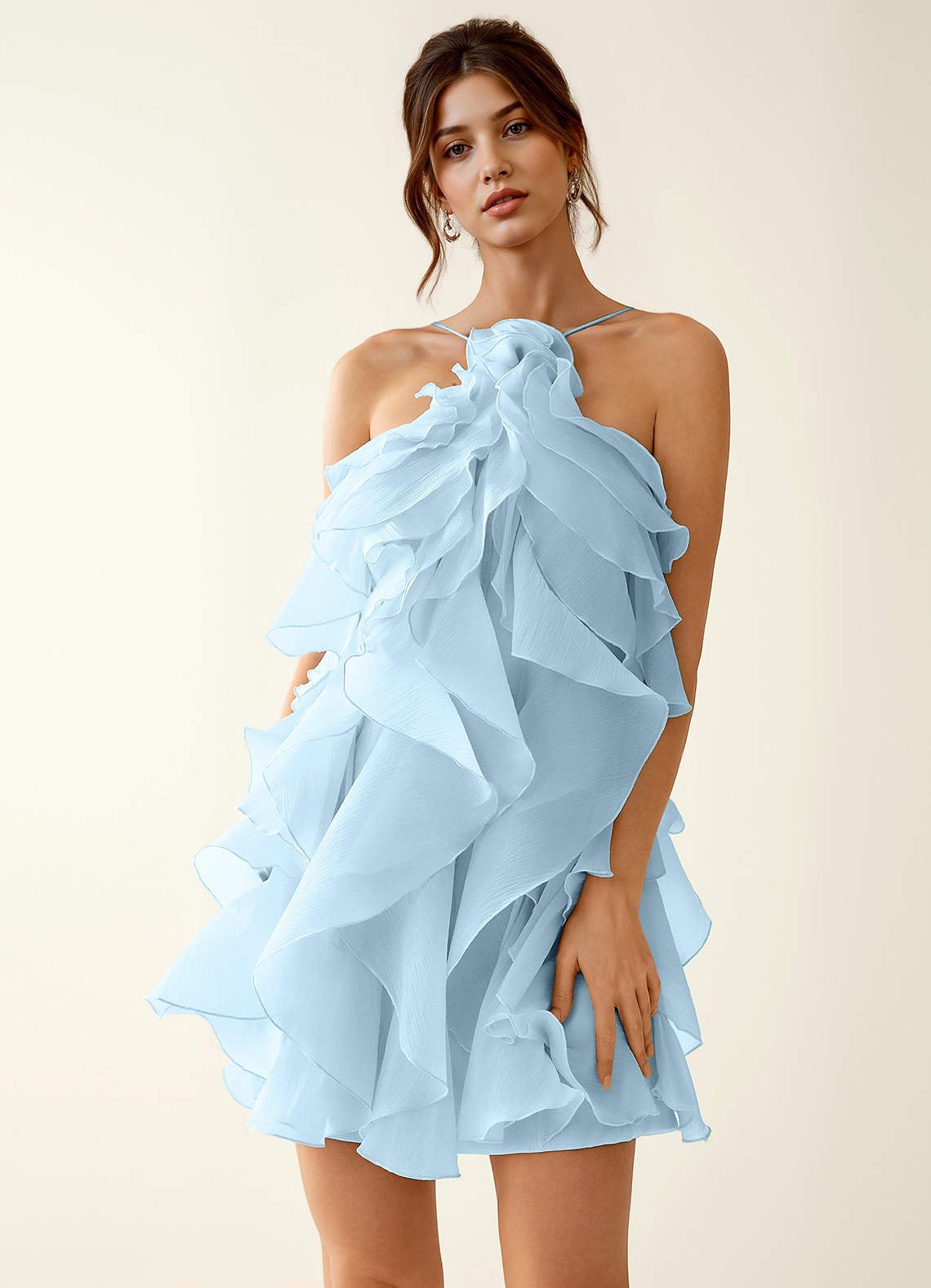 Oliamagn A-Line Mini Halter Ruffle Tulle Prom Dress in Shy Blue