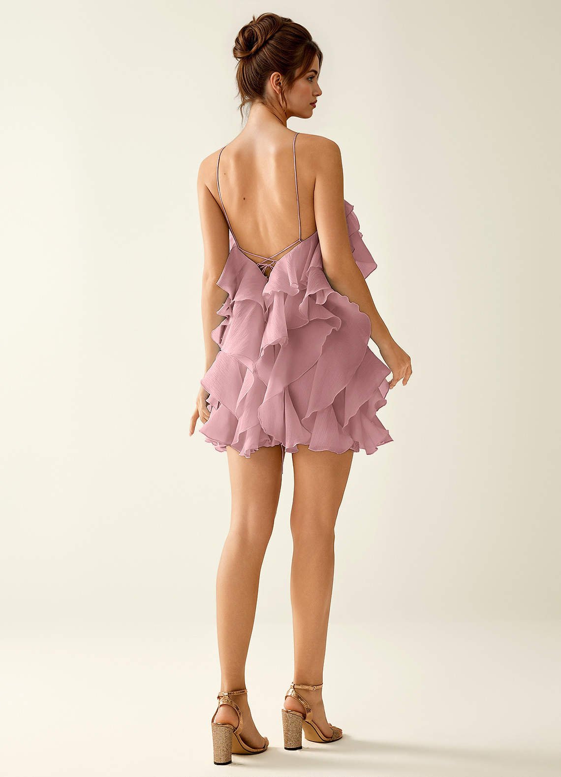 Oliamagn A-Line Mini Halter Ruffle Tulle Prom Dress in Dusty Pink