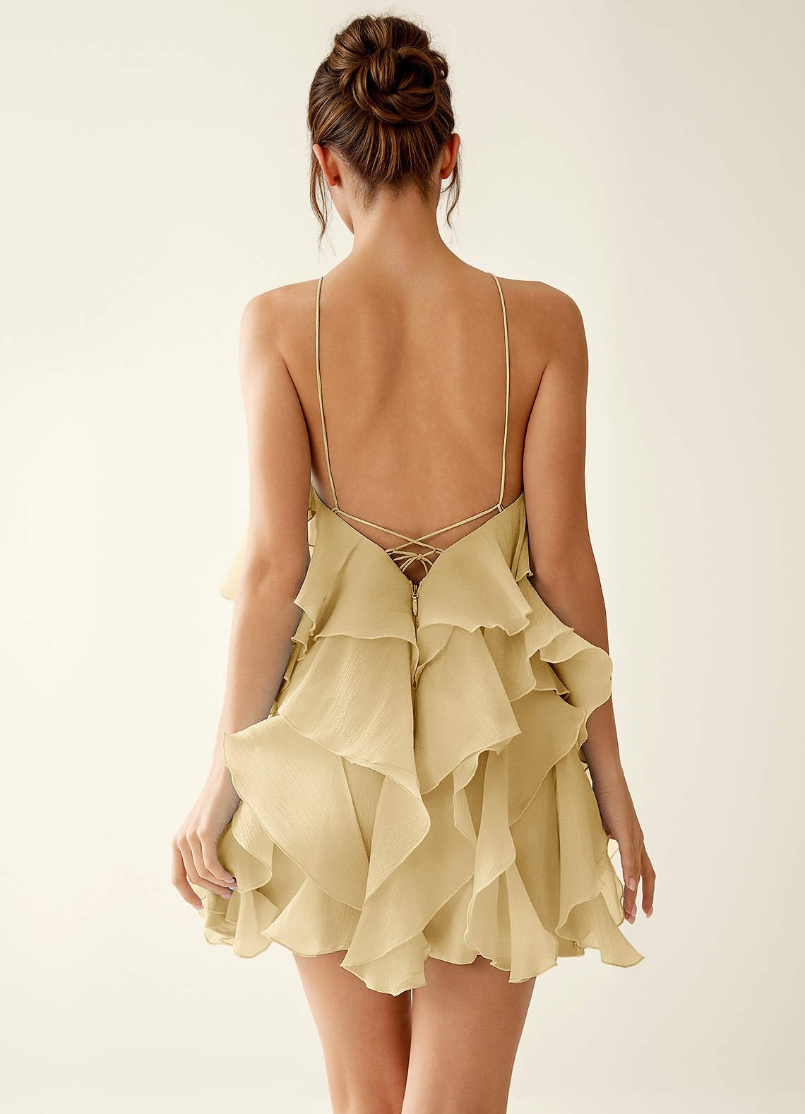 Oliamagn A-Line Mini Halter Ruffle Tulle Prom Dress in Gold