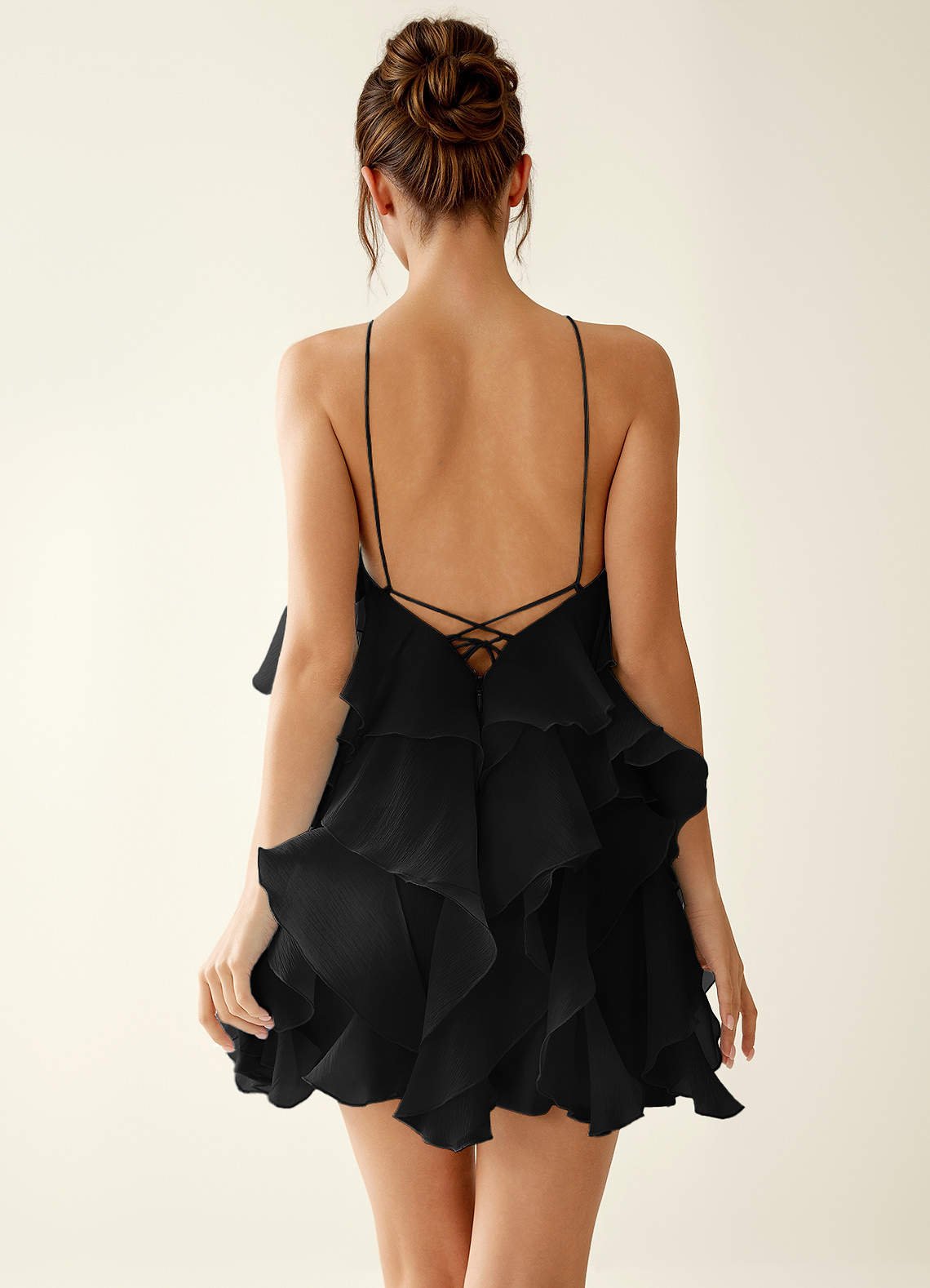Oliamagn A-Line Mini Halter Ruffle Tulle Prom Dress in Black