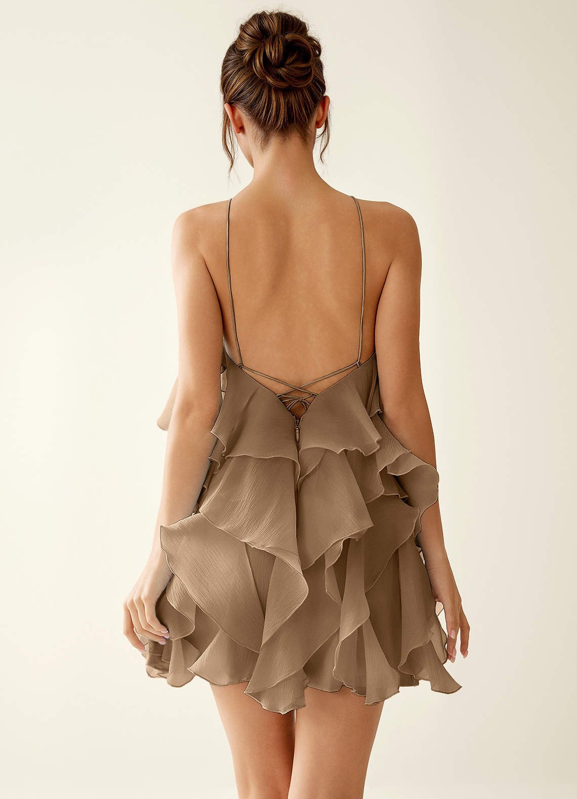 Oliamagn A-Line Mini Halter Ruffle Tulle Prom Dress in Brown