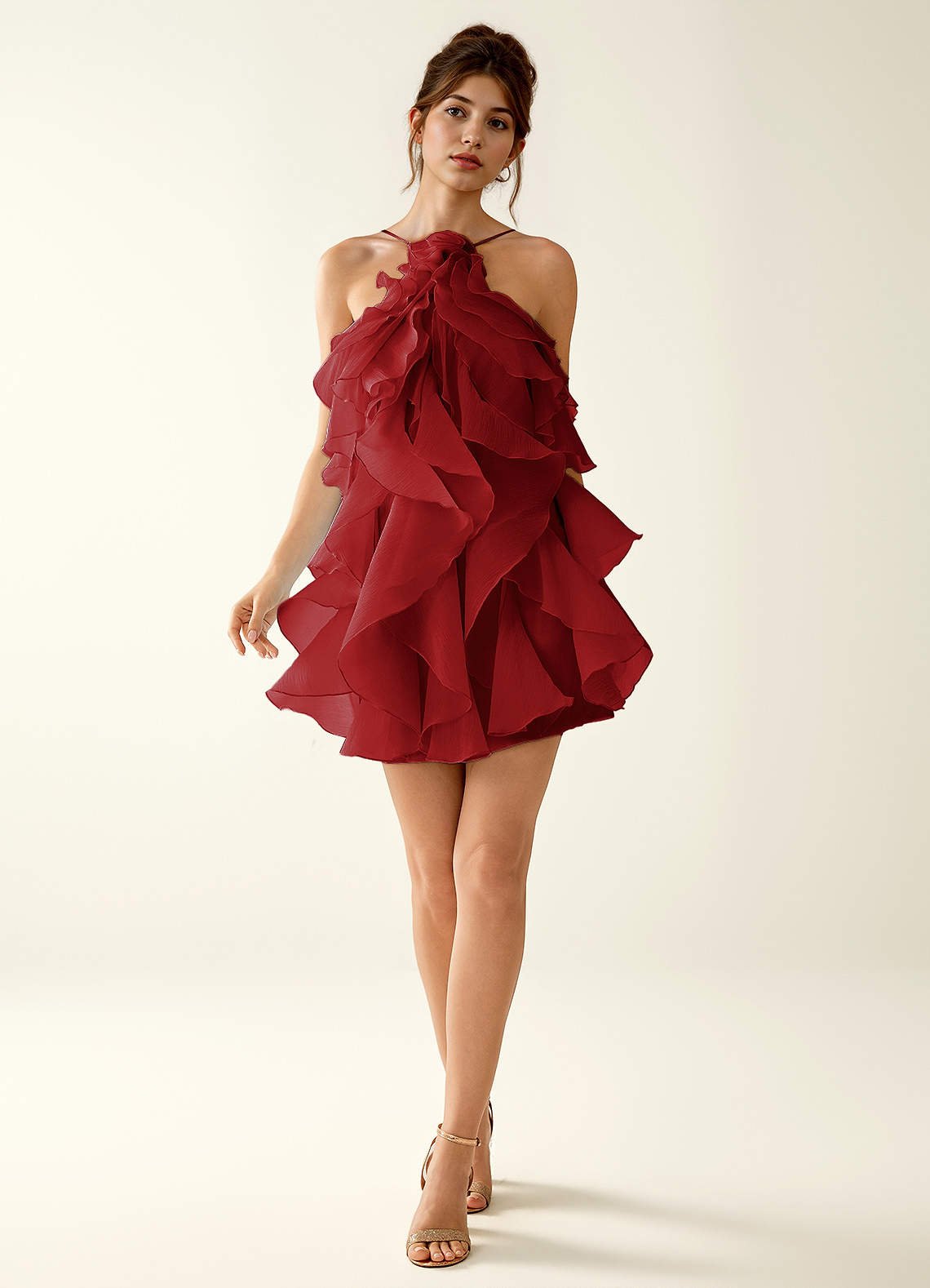 Oliamagn A-Line Mini Halter Ruffle Tulle Prom Dress in Burgundy