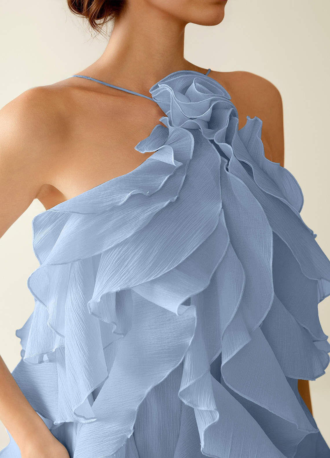 Oliamagn A-Line Mini Halter Ruffle Tulle Prom Dress in Dusty Blue