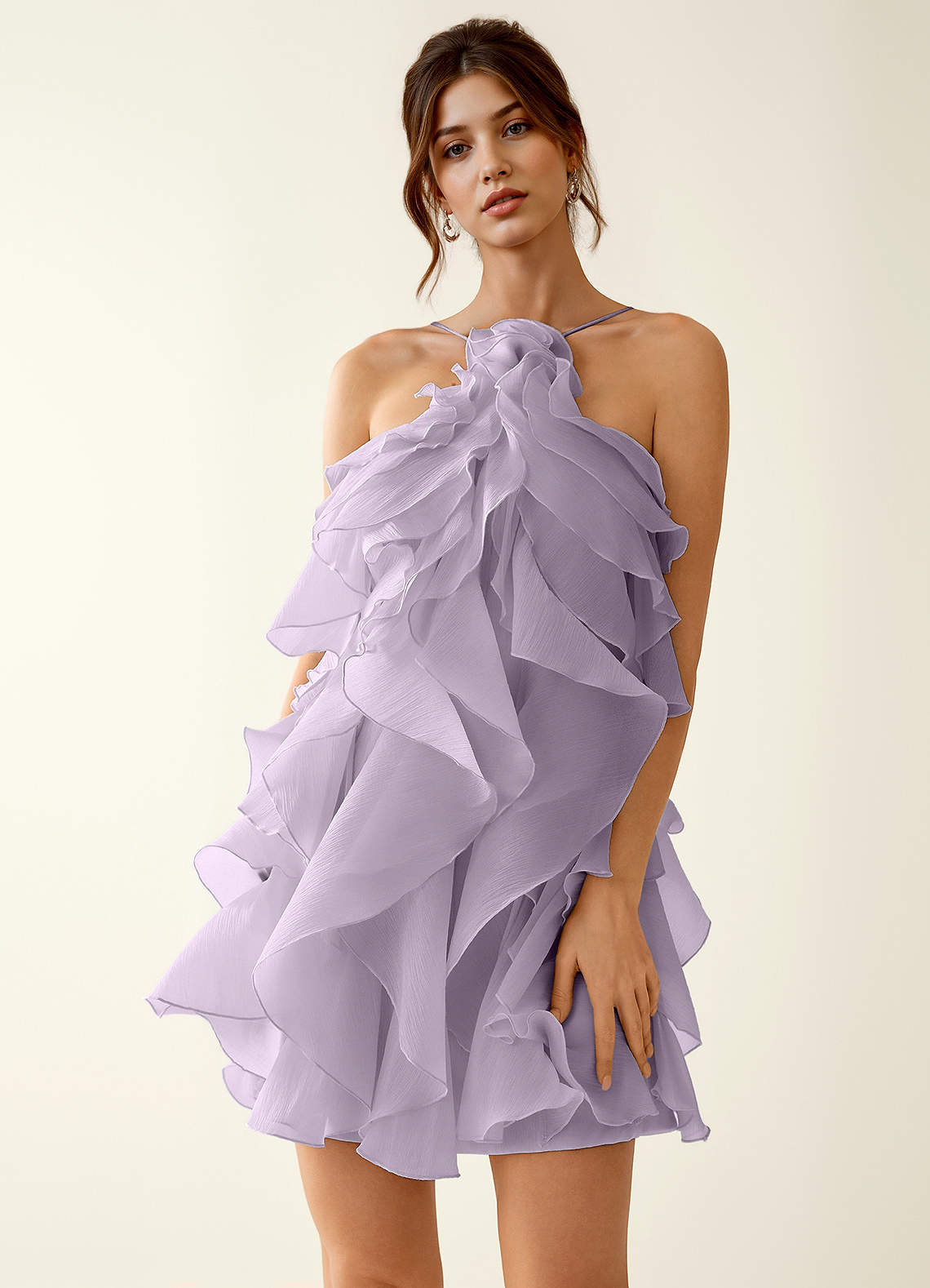 Oliamagn A-Line Mini Halter Ruffle Tulle Prom Dress in Wisteria