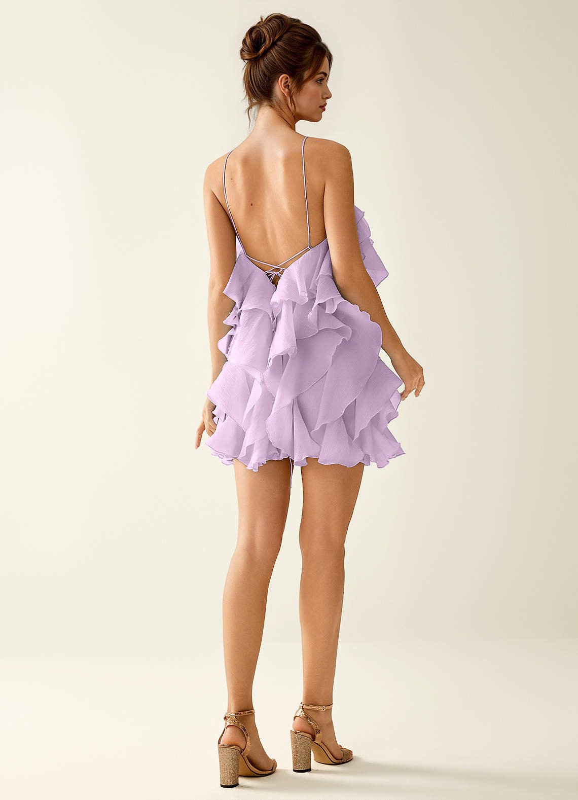 Oliamagn A-Line Mini Halter Ruffle Tulle Prom Dress in Lilac