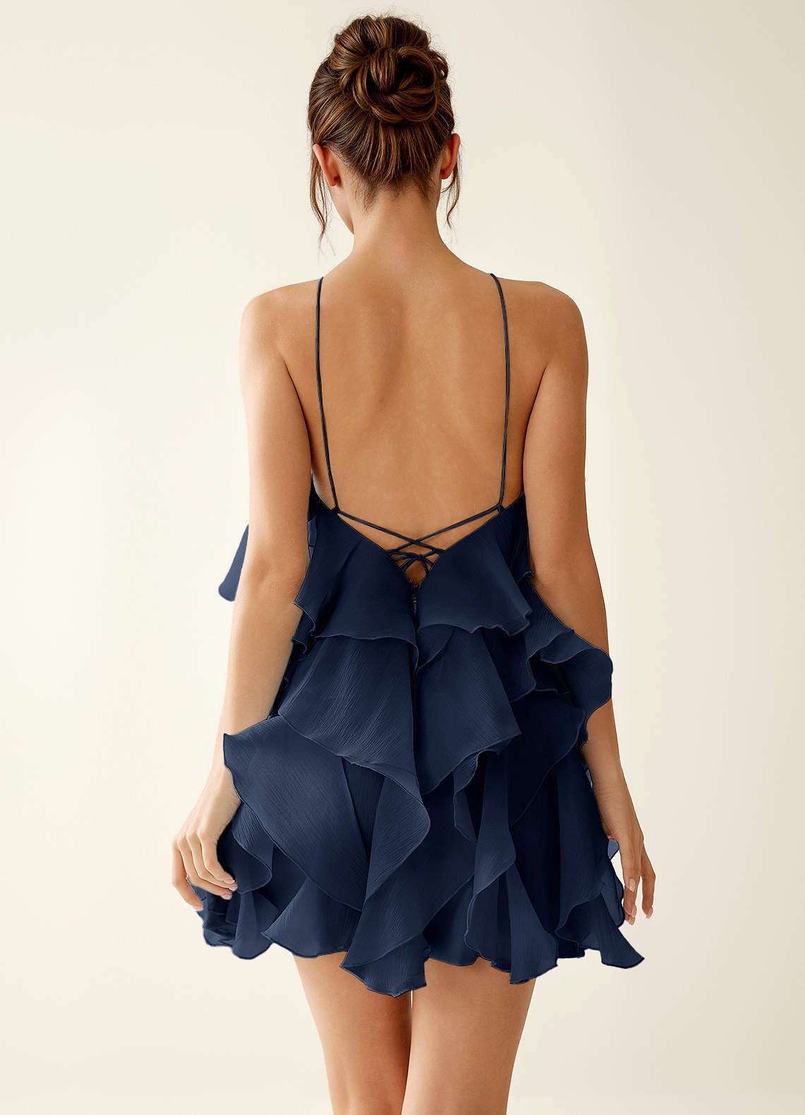 Oliamagn A-Line Mini Halter Ruffle Tulle Prom Dress in Navy Blue