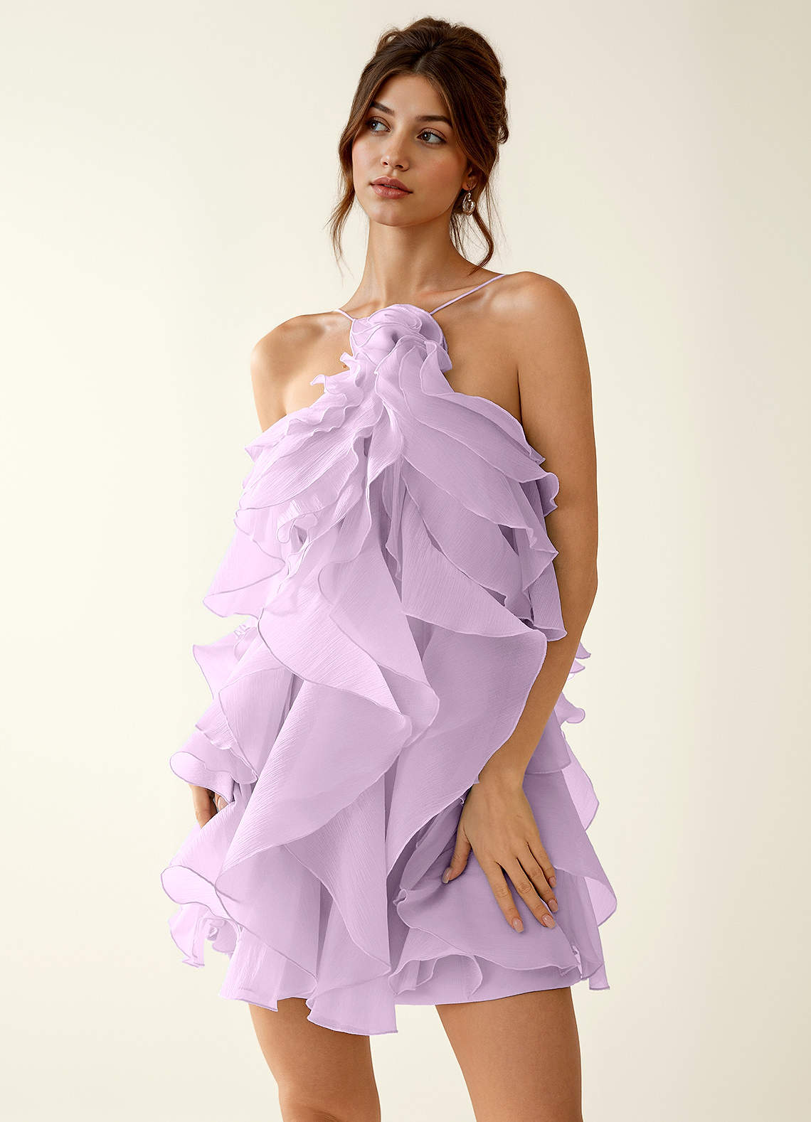 Oliamagn A-Line Mini Halter Ruffle Tulle Prom Dress in Sage