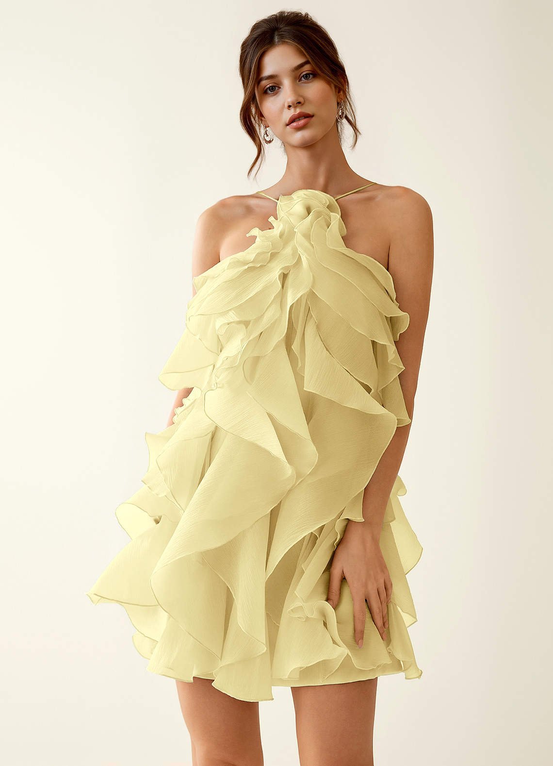 Oliamagn A-Line Mini Halter Ruffle Tulle Prom Dress in Yellow