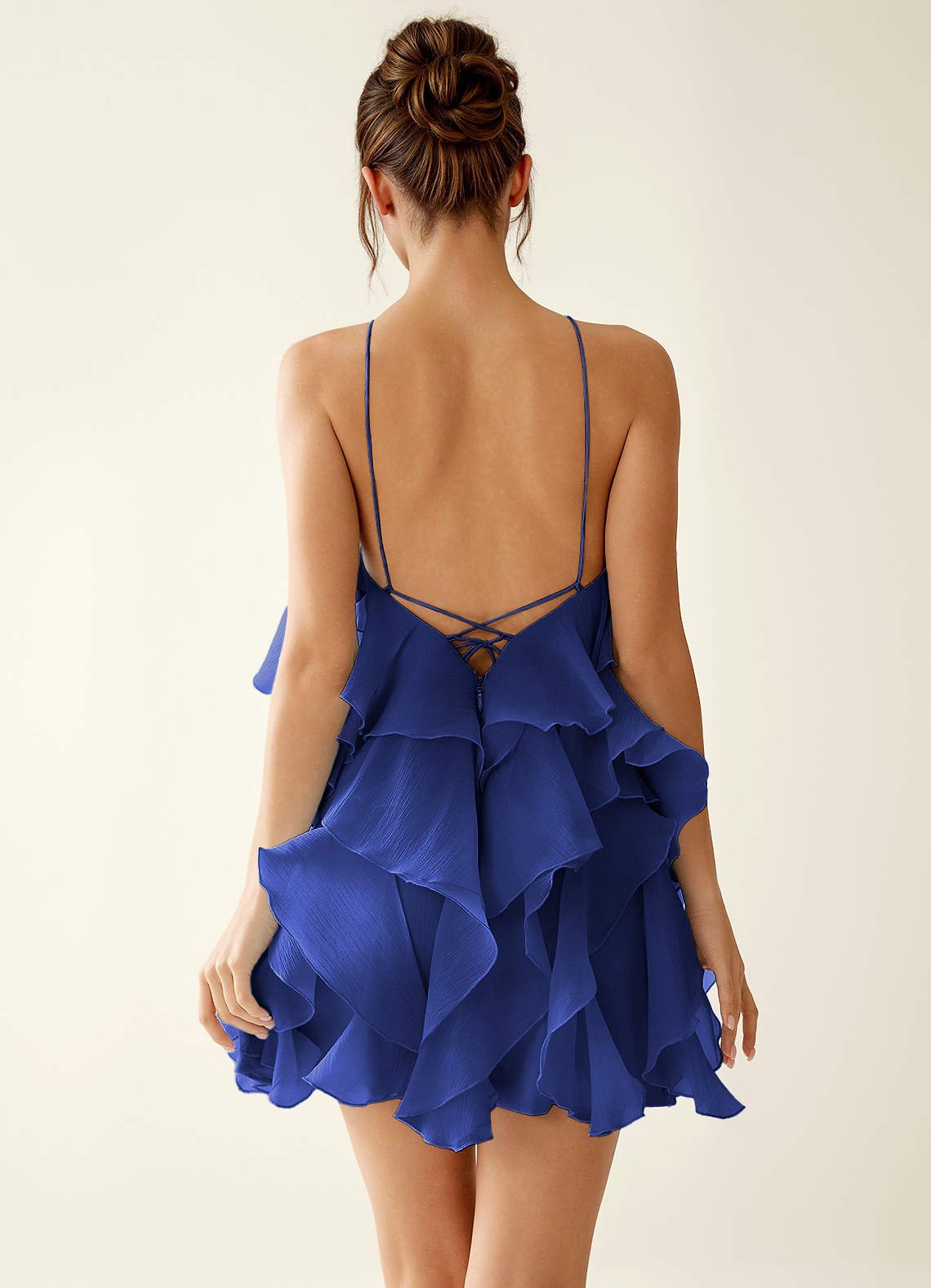 Oliamagn A-Line Mini Halter Ruffle Tulle Prom Dress in Royal Blue