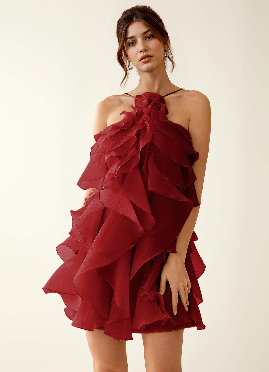 Oliamagn A-Line Mini Halter Ruffle Tulle Prom Dress in Burgundy
