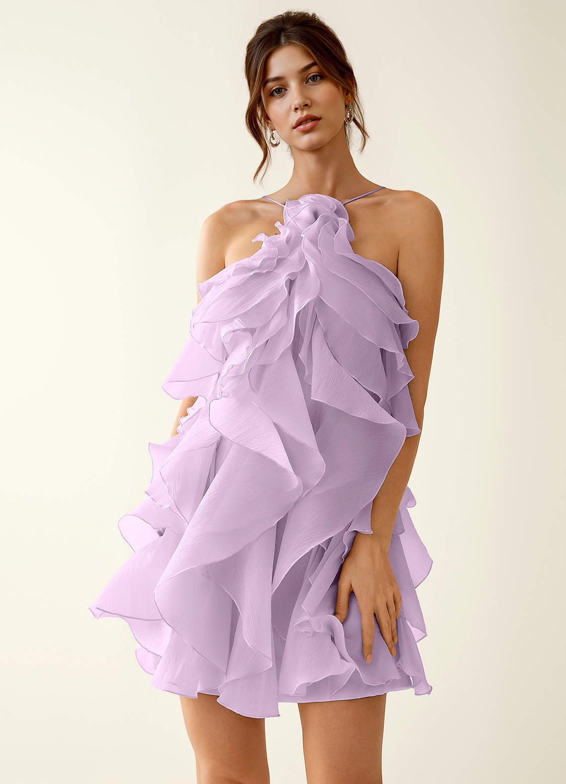 Oliamagn A-Line Mini Halter Ruffle Tulle Prom Dress in Lilac