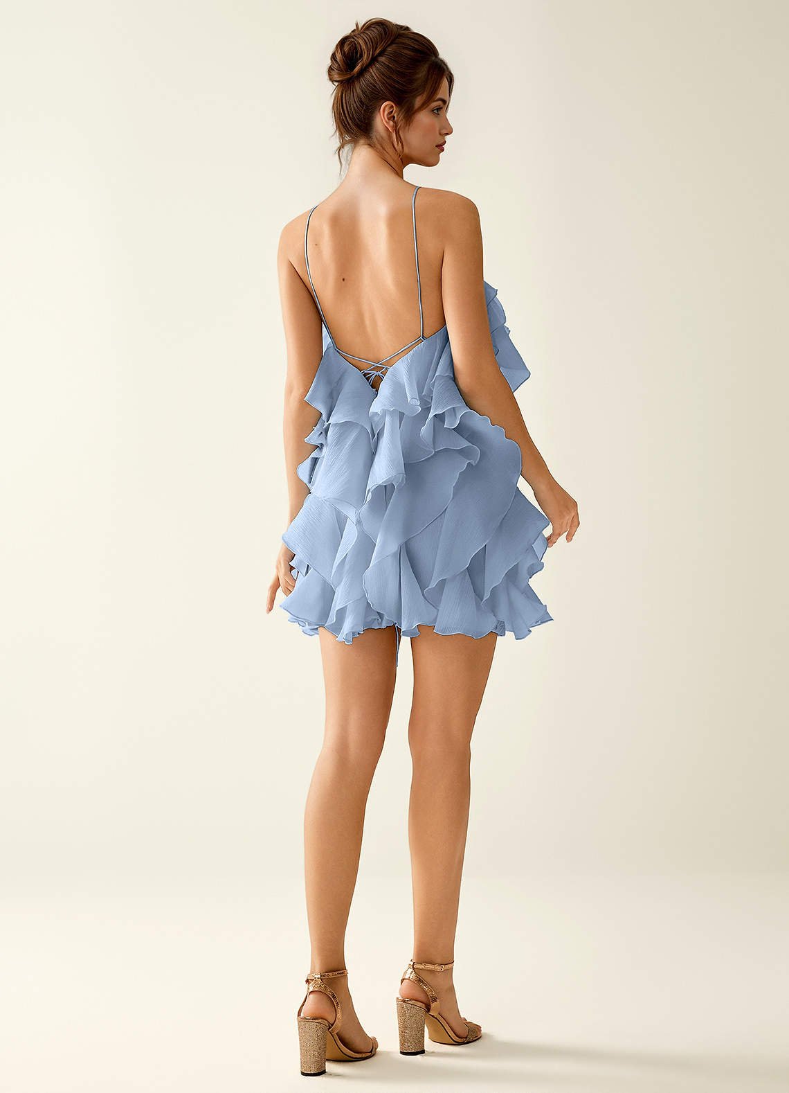 Oliamagn A-Line Mini Halter Ruffle Tulle Prom Dress in Dusty Blue