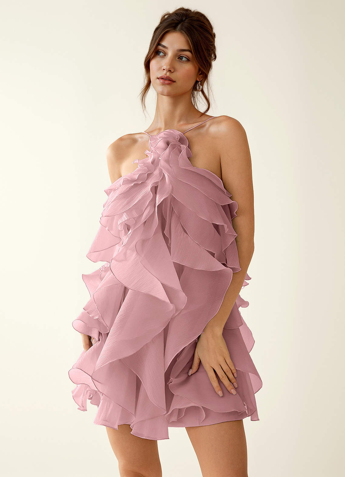 Oliamagn A-Line Mini Halter Ruffle Tulle Prom Dress in Sage