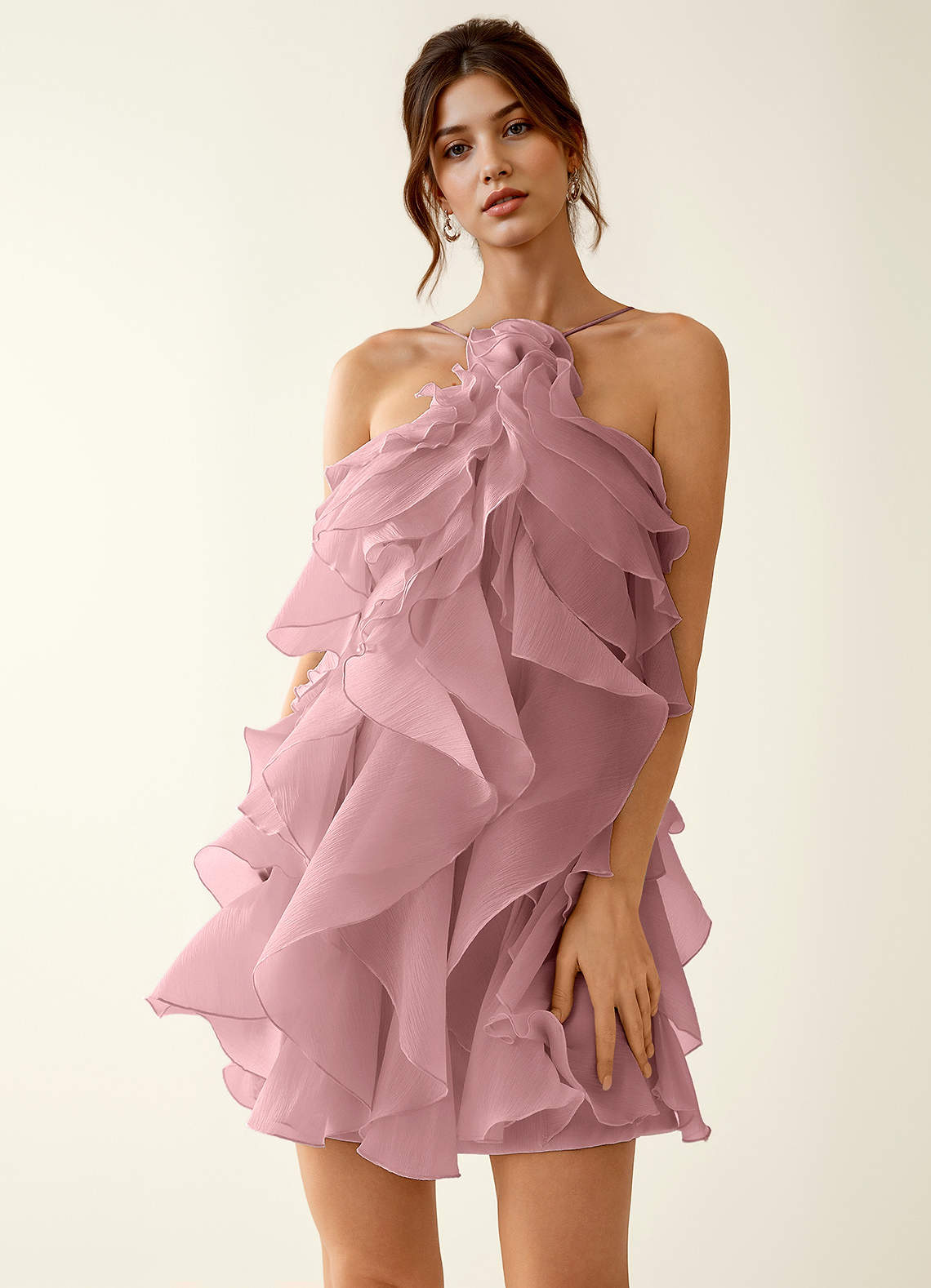 Oliamagn A-Line Mini Halter Ruffle Tulle Prom Dress in Dusty Pink