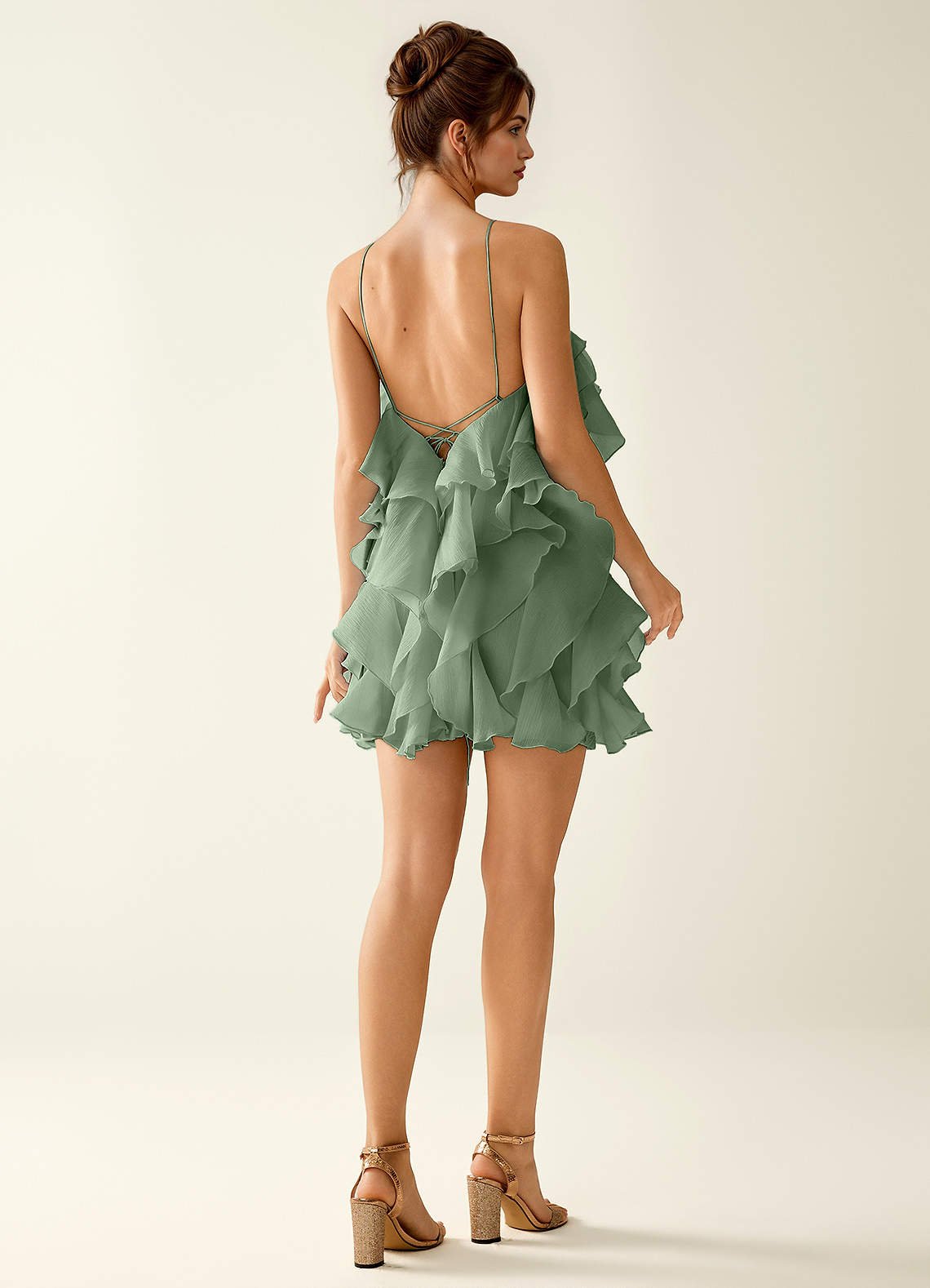 Oliamagn A-Line Mini Halter Ruffle Tulle Prom Dress in Sage