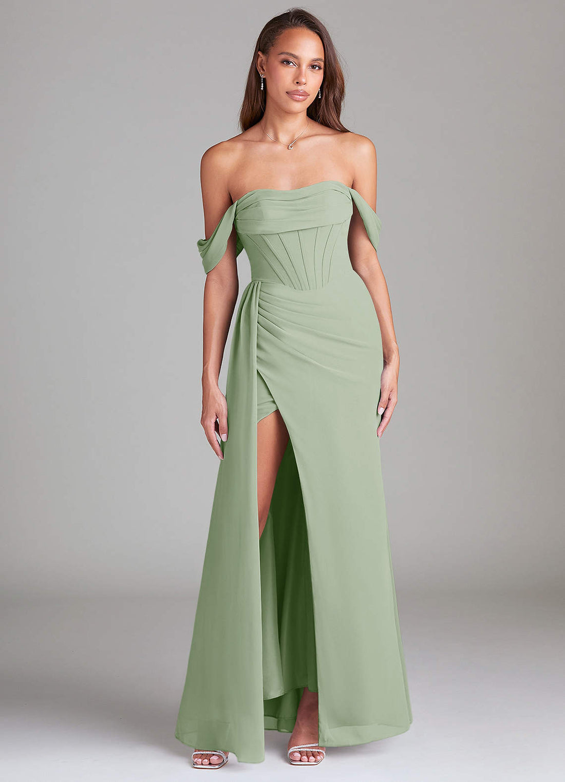 Amyra Sheath Off-the-Shoulder Chiffon Bridesmaid Dress in Dusty Sage