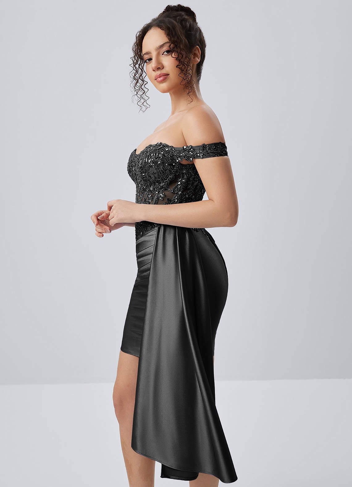 Oralien Bodycon Mini Off-the-Shoulder Satin Prom Dress in black