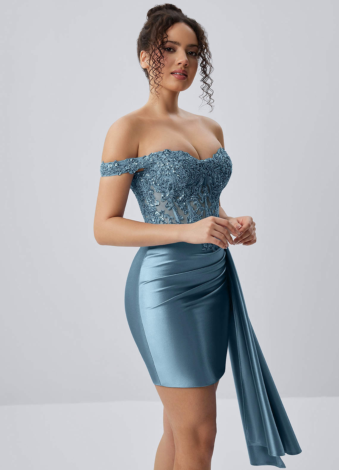 Oralien Bodycon Mini Off-the-Shoulder Satin Prom Dress in Plum