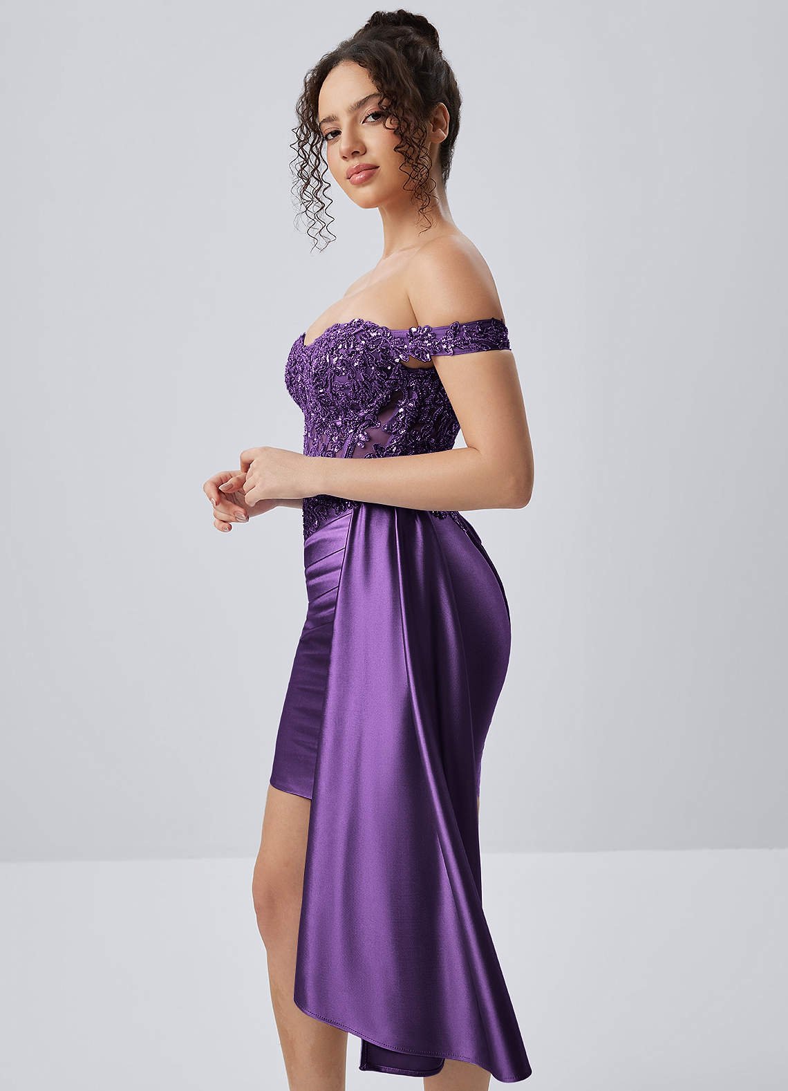 Oralien Bodycon Mini Off-the-Shoulder Satin Prom Dress in Plum