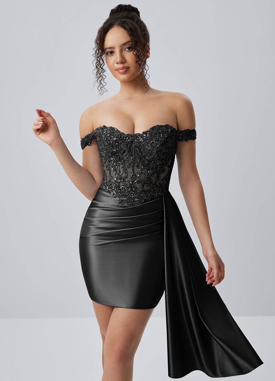 Oralien Bodycon Mini Off-the-Shoulder Satin Prom Dress in black