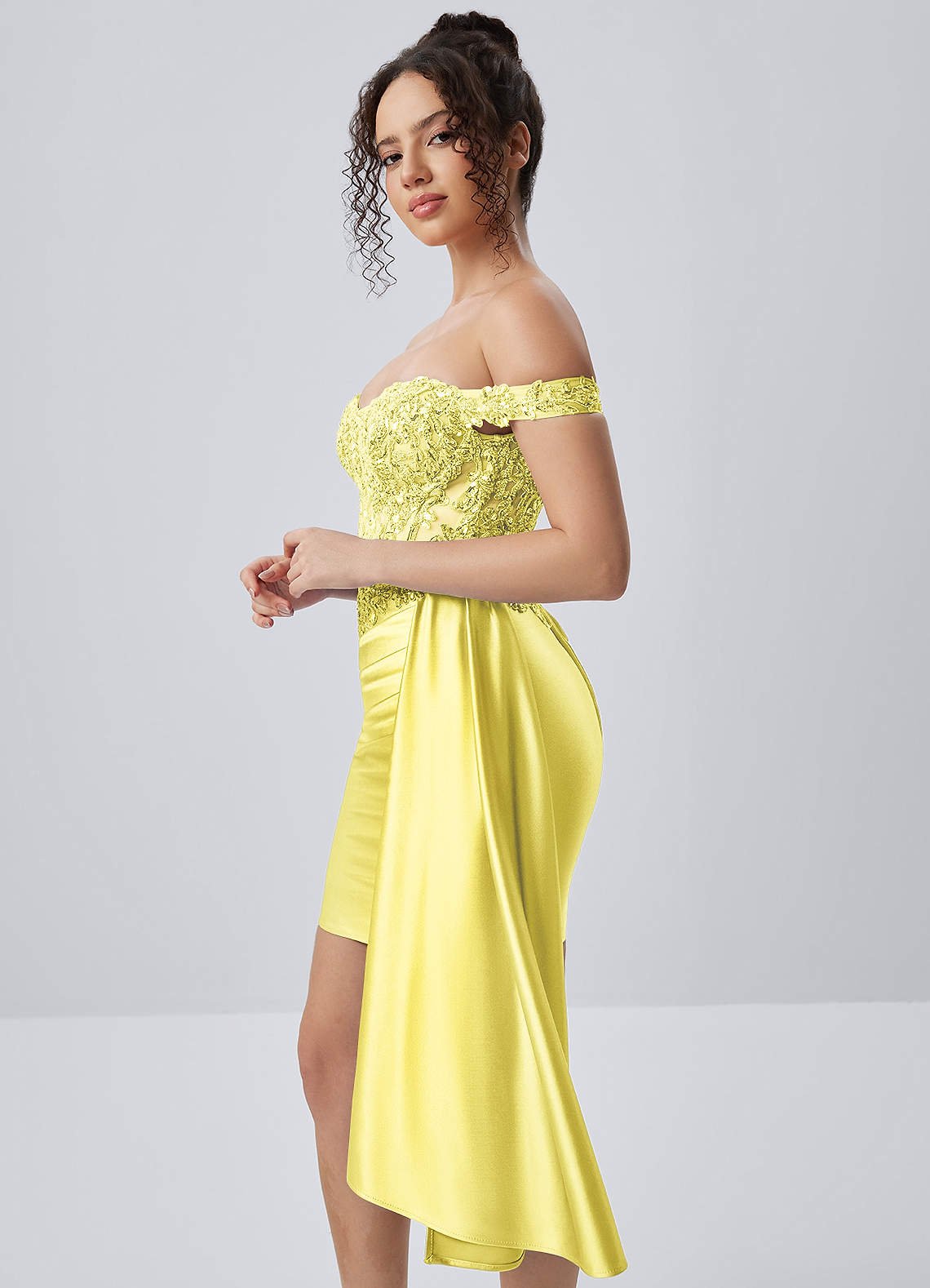 Oralien Bodycon Mini Off-the-Shoulder Satin Prom Dress in Yellow