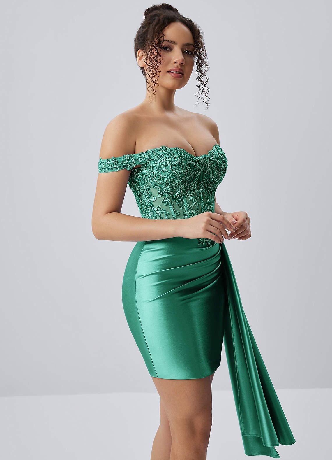 Oralien Bodycon Mini Off-the-Shoulder Satin Prom Dress in Plum